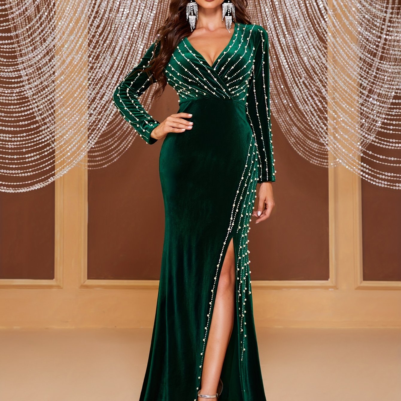 Beaded V-neck Split Slim Dress, Elegant Long Sleeve Bodycon Dress For Party & Banquet, Women's Clothing