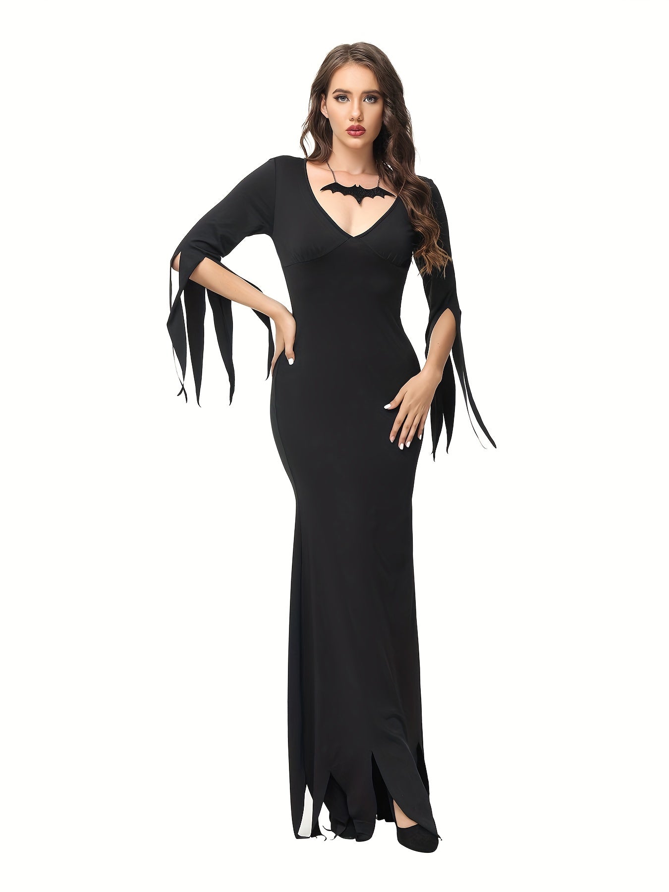 Halloween Style V-neck Split Dress, Elegant Bodycon Slim Maxi Length Dress, Halloween Witch Costume, Women's Clothing