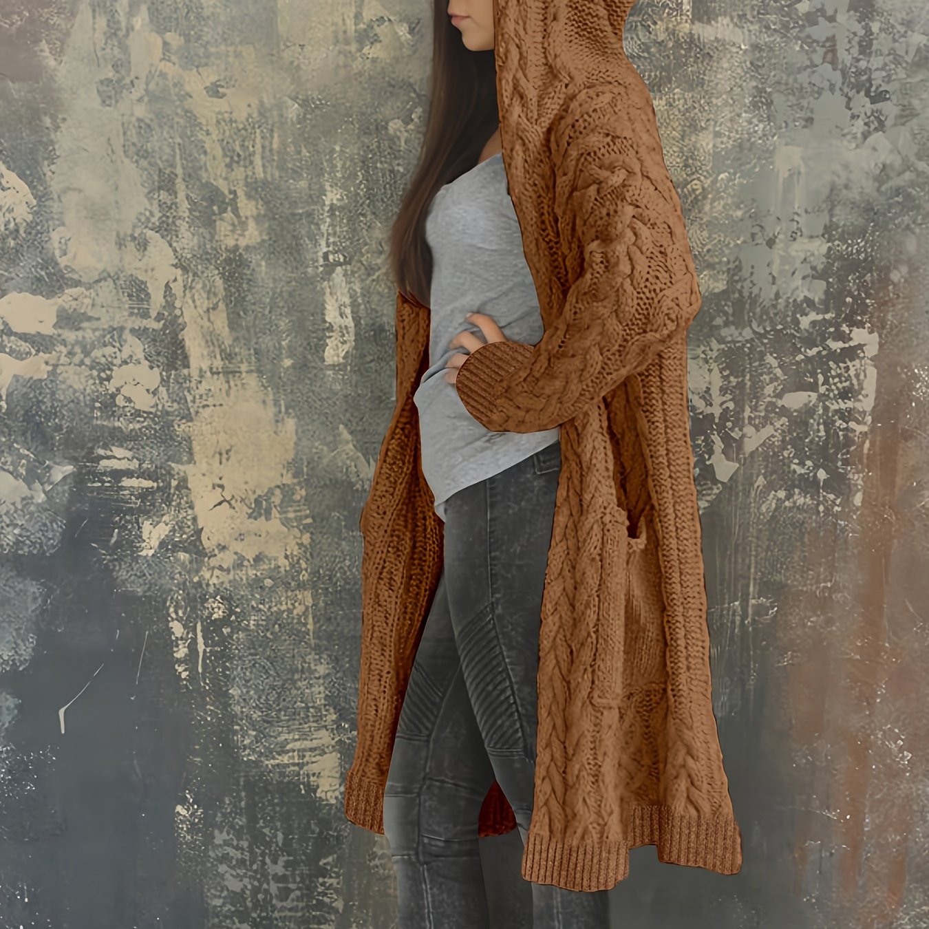Chunky Knit Hooded Cardigan, Solid Long Open Front Sweater, Casual Cardigan For Fall & Winter, Women's Clothing