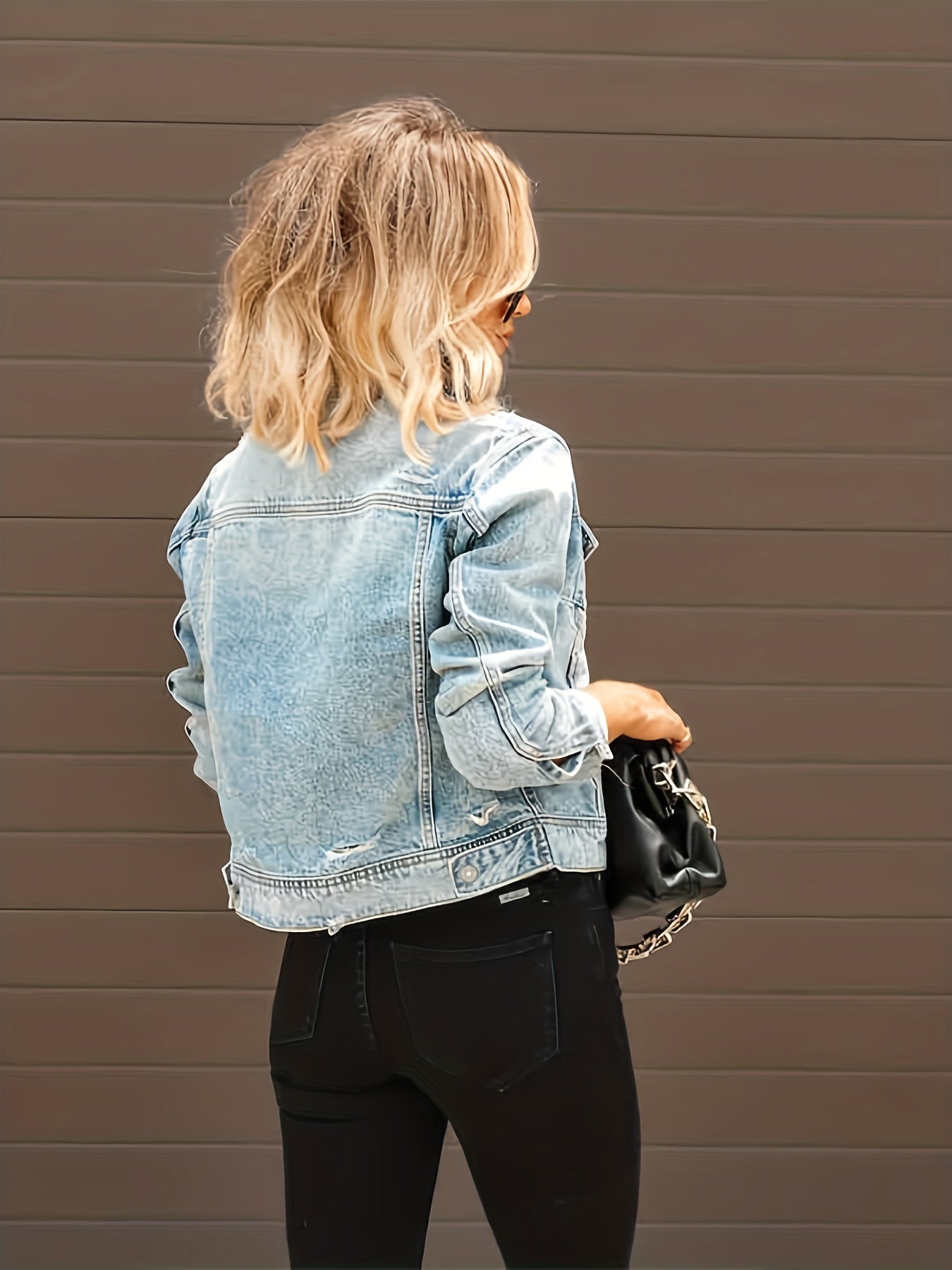 gbolsos Long Sleeve Cropped Denim Jacket, Blue Ripped Button Closure Distressed Flap Pockets Denim Coats, Women's Denim & Clothing