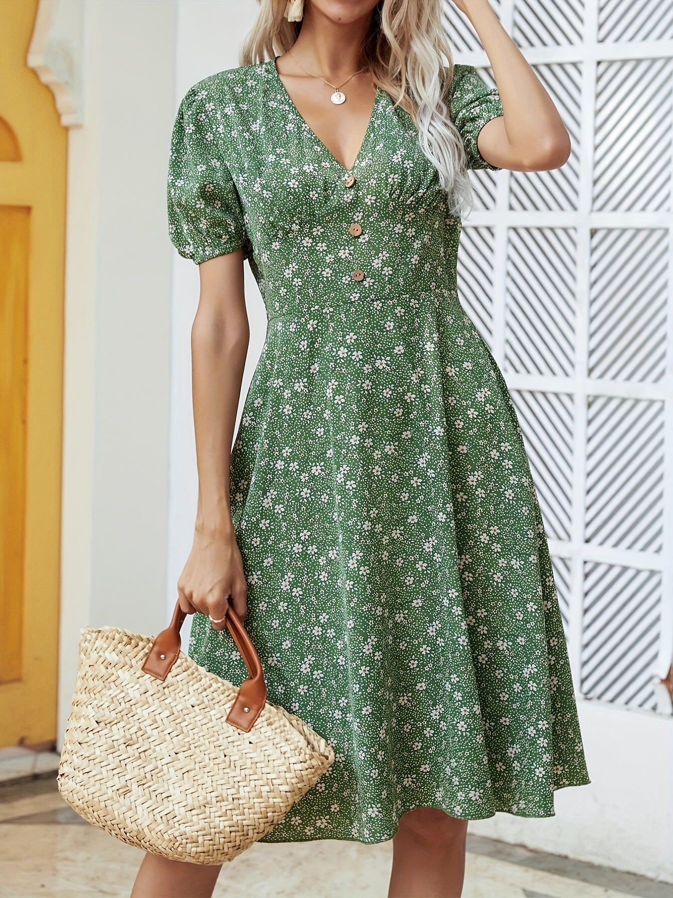 gbolsos Floral Print Button V Neck Dress, Casual Short Sleeve Dress For Spring & Summer, Women's Clothing