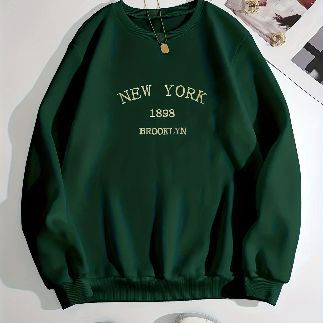 New York Brooklyn Print Loose Sweatshirt, Casual Long Sleeve Crew Neck Sweatshirt, Women's Clothing