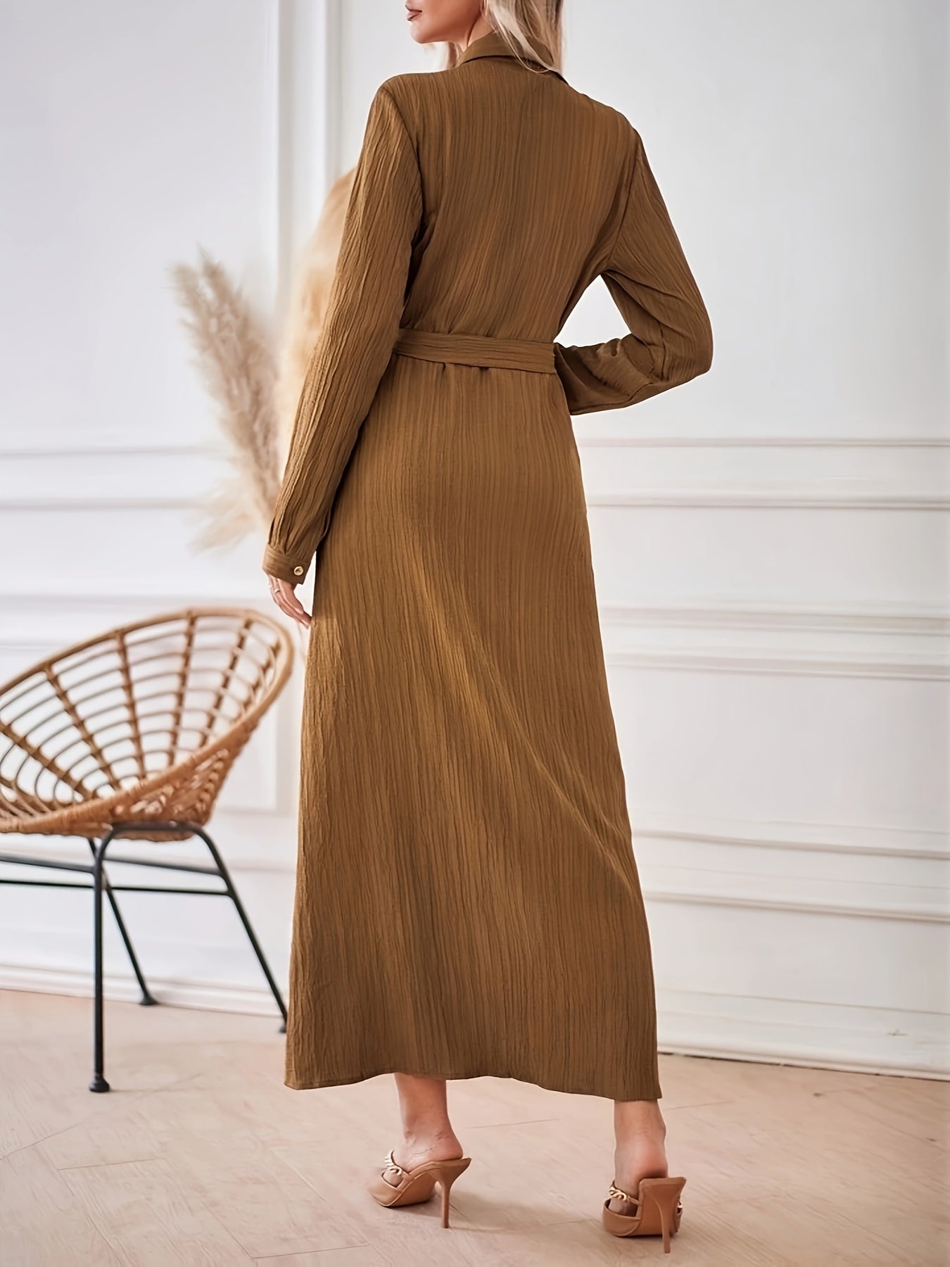 gbolsos Solid Button Front Dress, Elegant Long Sleeve Dress, Women's Clothing