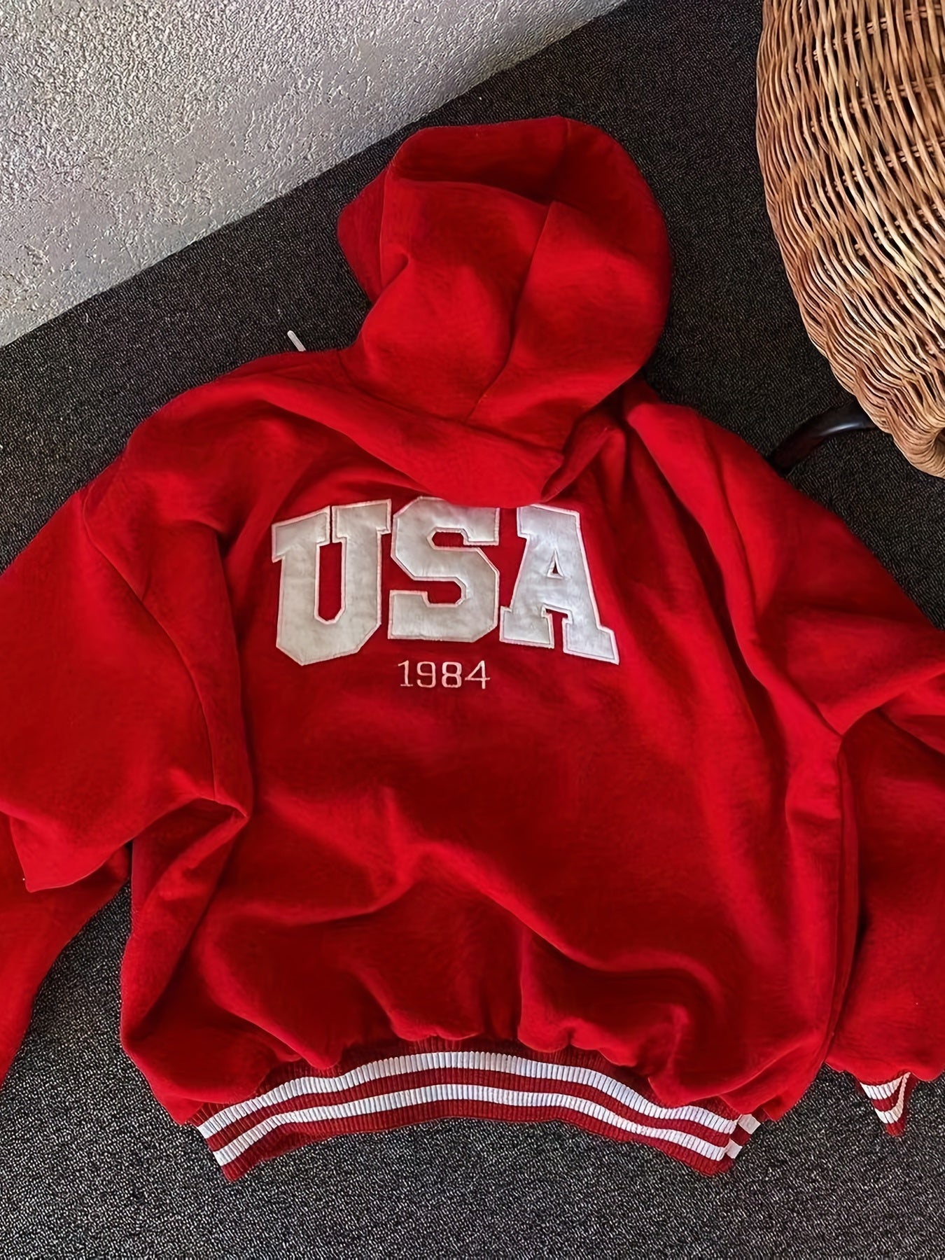 gbolsos USA Print Drawstring Hoodie, Casual Long Sleeve Oversized Hoodies Sweatshirt, Women's Clothing