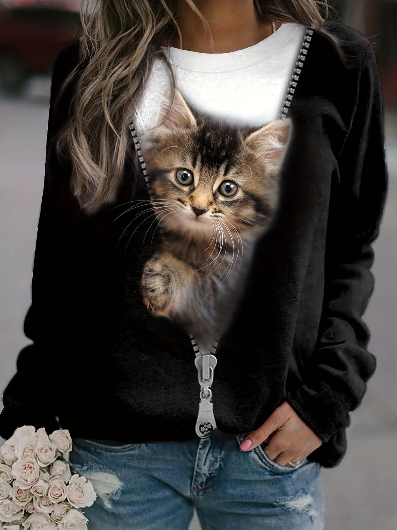 Plus Size Casual Top, Women's Plus Colorblock Cute Cat Print Long Sleeve Round Neck Top