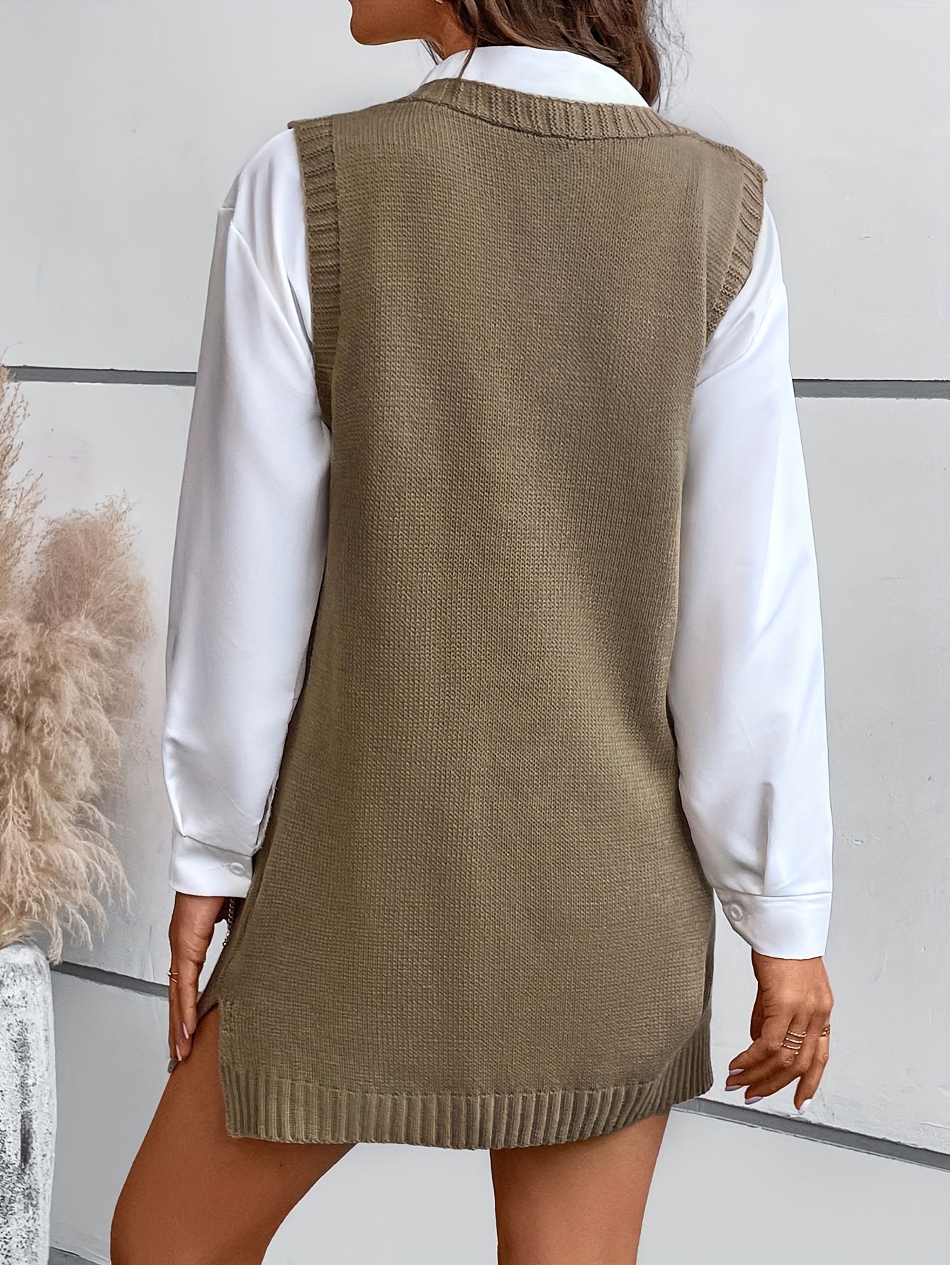 gbolsos Solid V Neck Sweater Vest, Casual Sleeveless Split Sweater, Women's Clothing