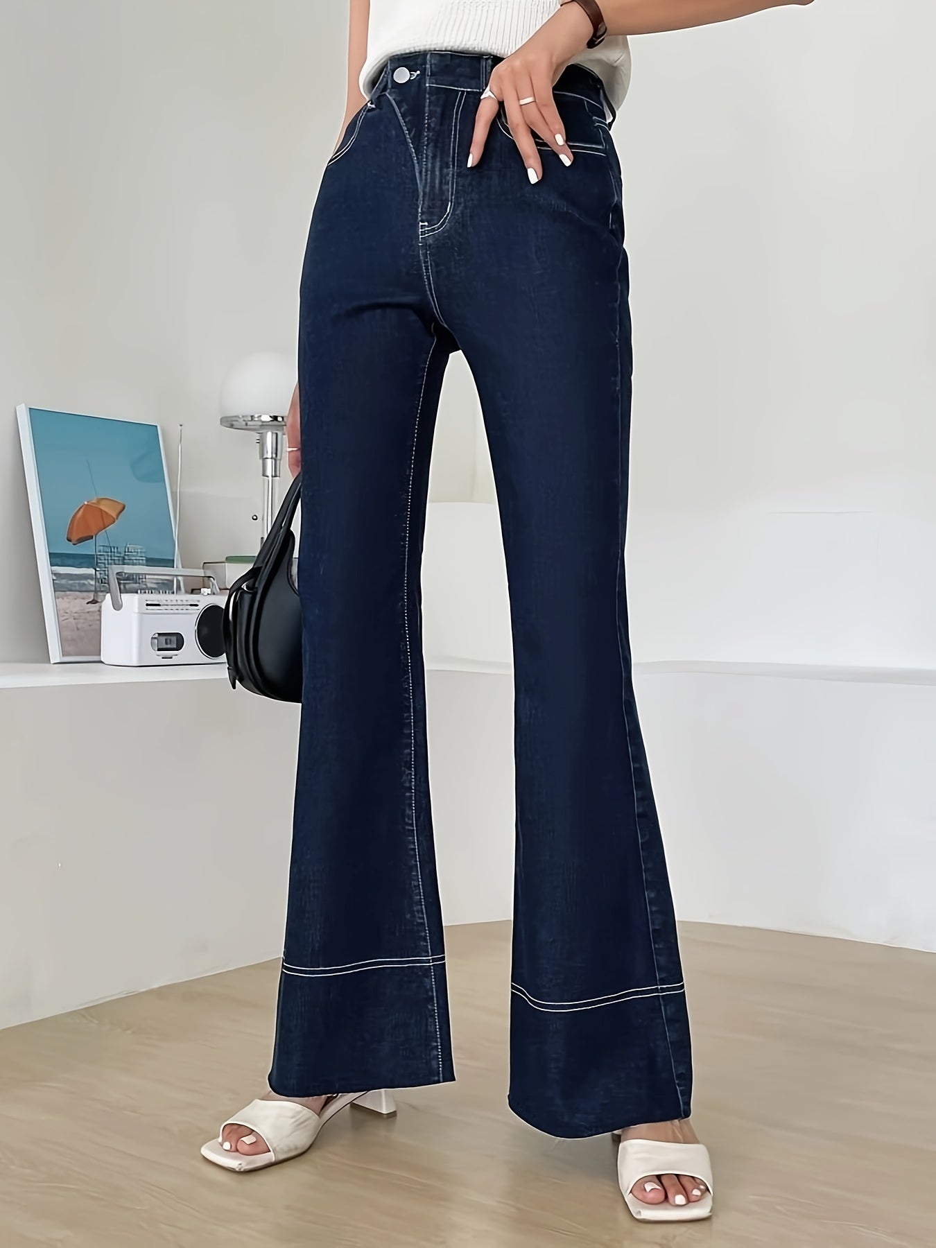 Contrast Seam Stitching Asymmetric Button Waist Detail Flare Leg Jeans, Plain Dark Blue Medium Stretch Unique Denim Pants, Women's Denim Jeans & Clothing