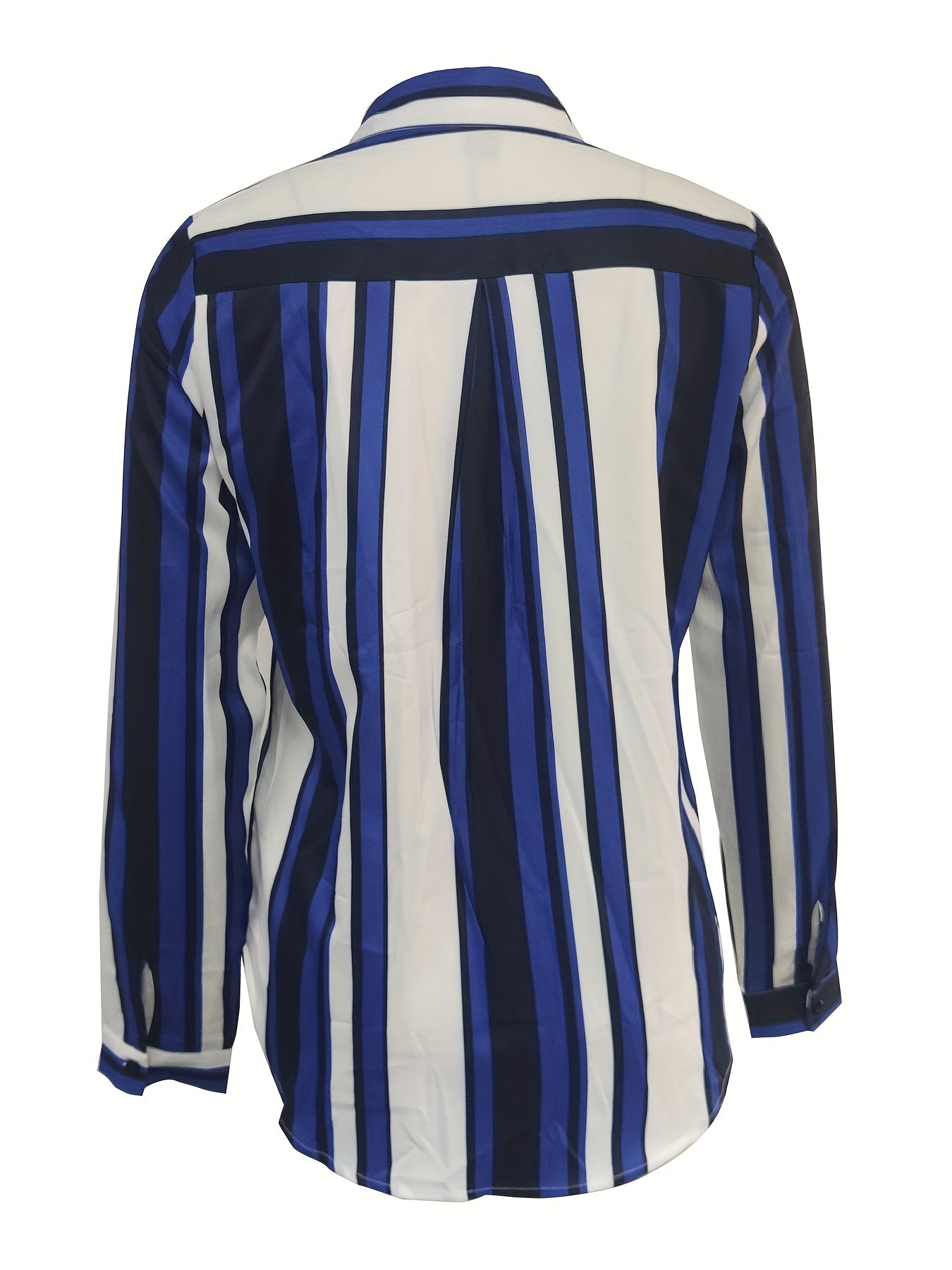 Striped Print Polo Collar Shirt, Casual Long Sleeve Button Up Shirt For Spring & Fall, Women's Clothing