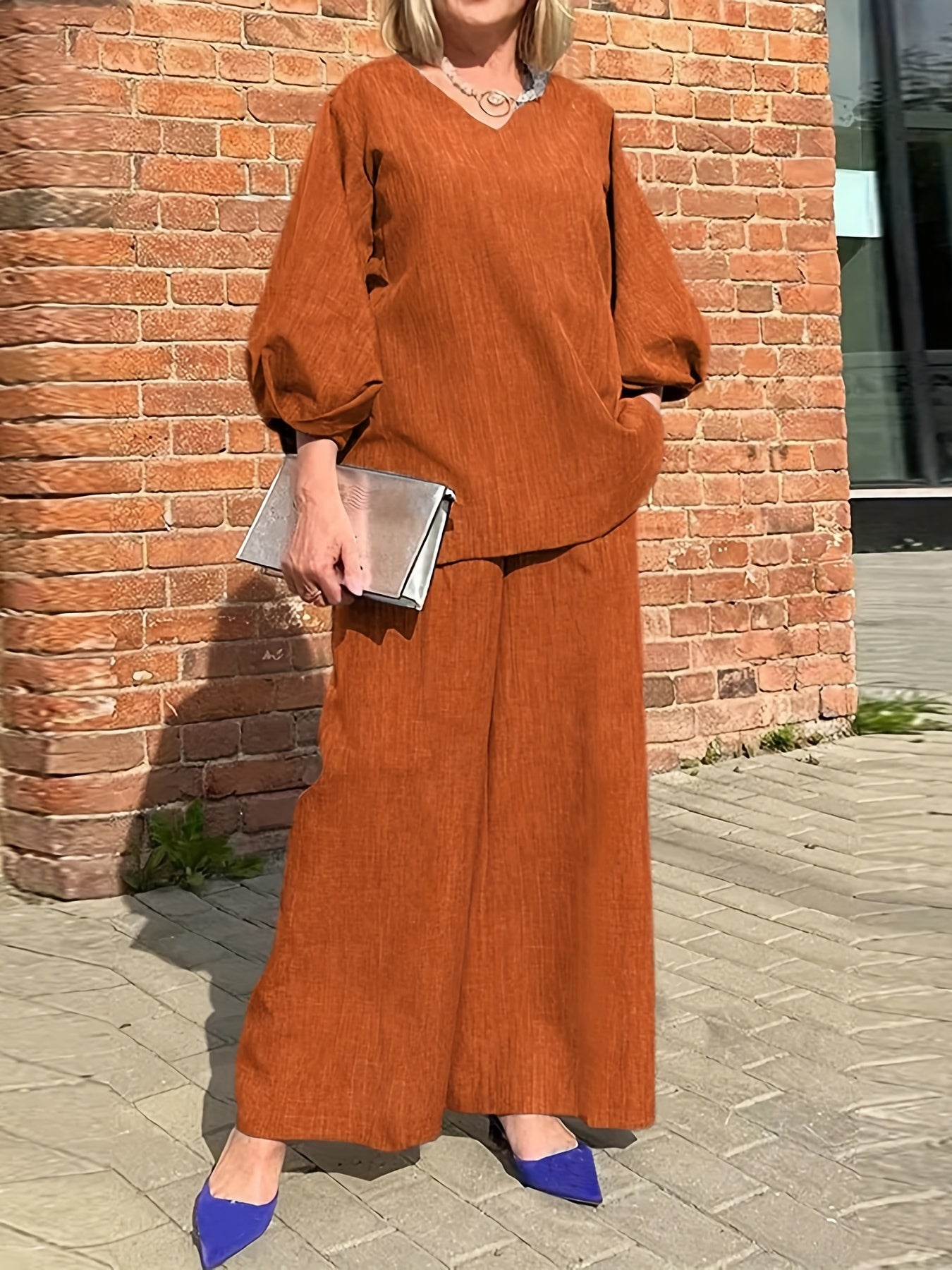 Solid Casual Two-piece Set, V Neck Lantern Sleeve Tops & Wide Leg Pants Outfits, Women's Clothing