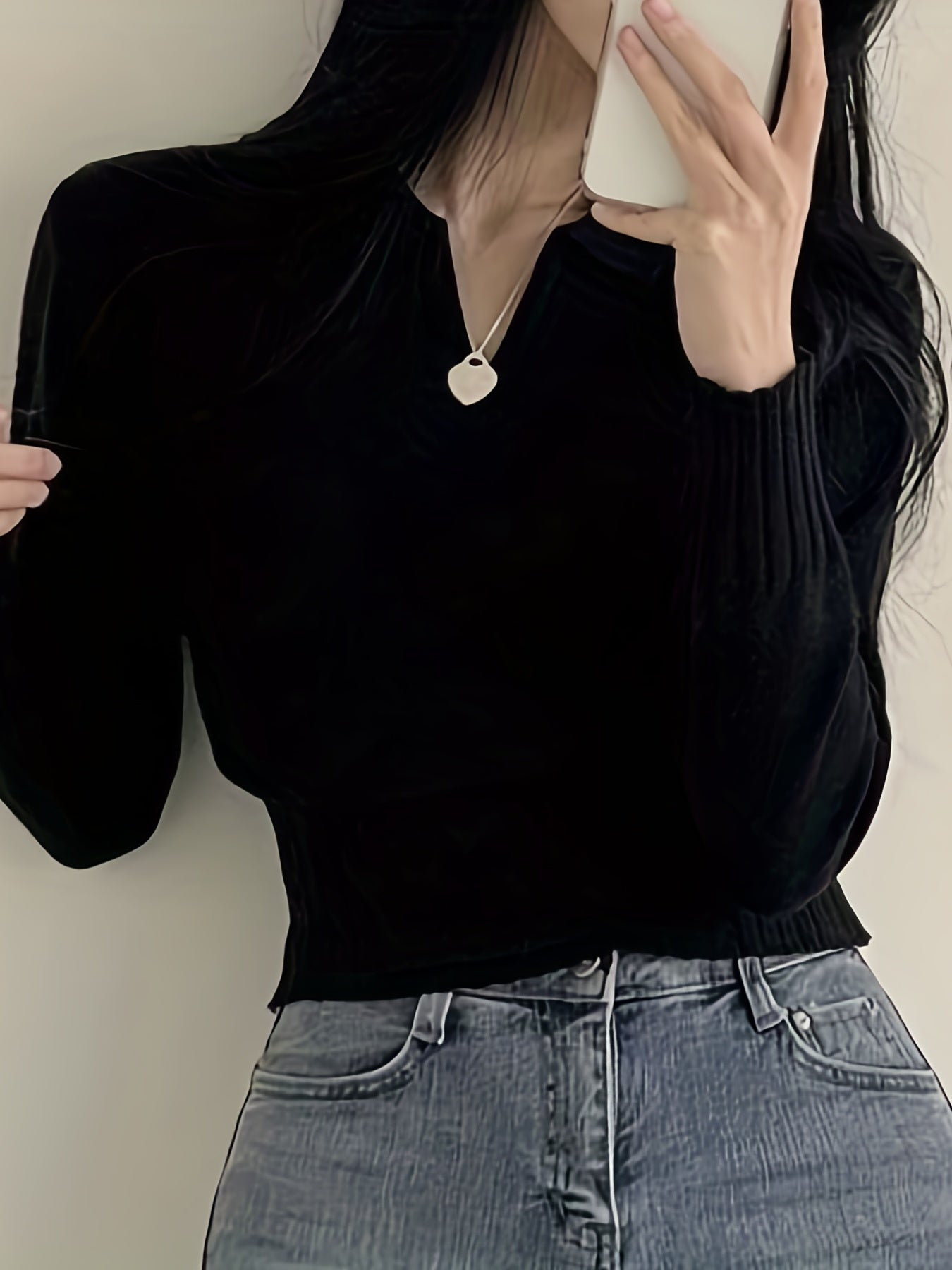 gbolsos Solid Notched Collar Pullover Sweater, Casual Long Sleeve Crop Sweater For Spring & Fall, Women's Clothing