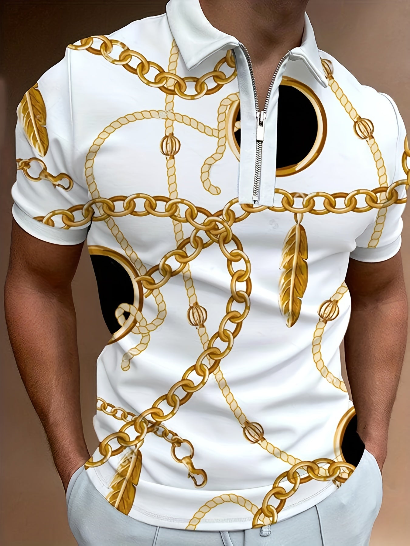 Cartoon Chain Casual Short Sleeves Polo Shirts, Zipper V-neck Tee, Men's Comfortable Slim Tops Summer Clothing