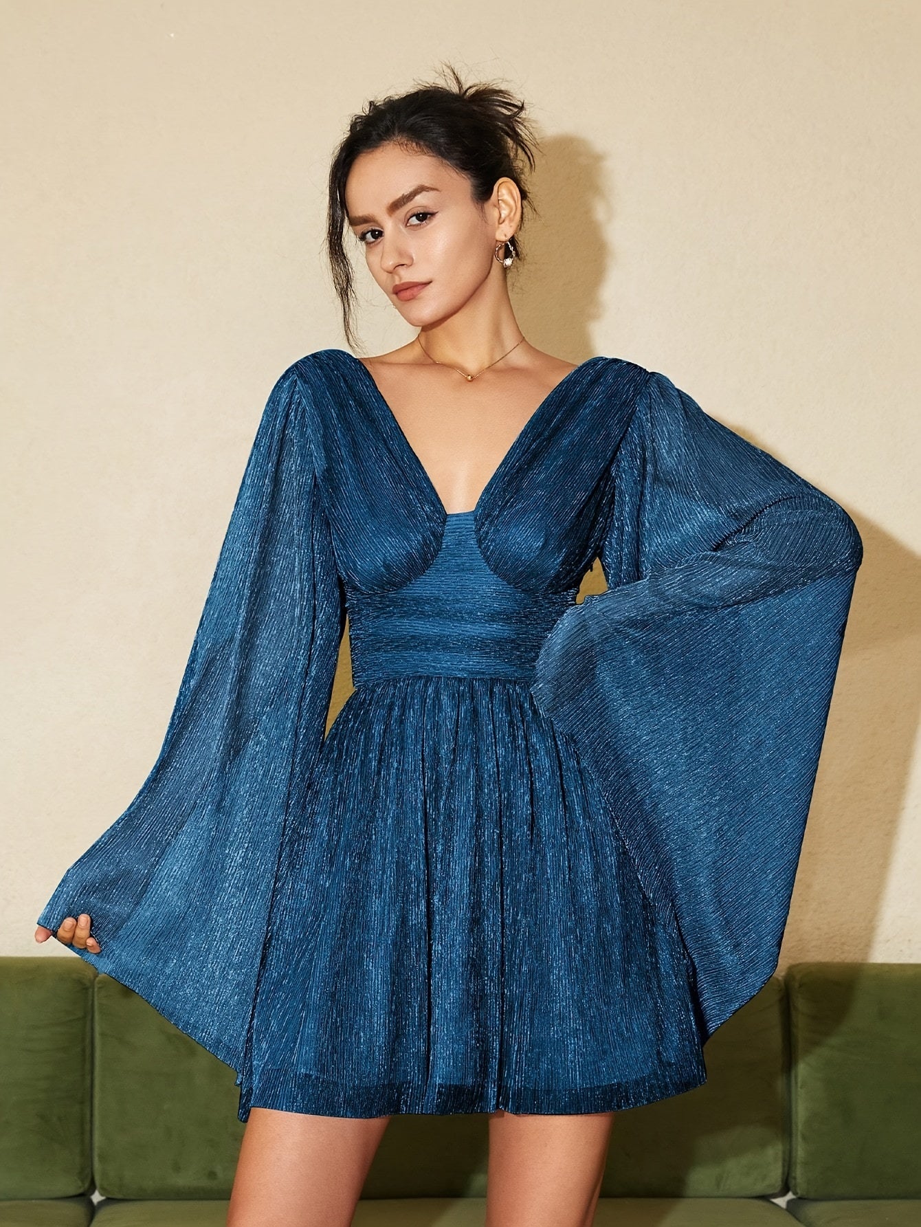 gbolsos Solid Deep V-neck Ruffle Dress, Elegant Flare Sleeve Slim Cut Out Dress For Spring & Fall, Women's Clothing