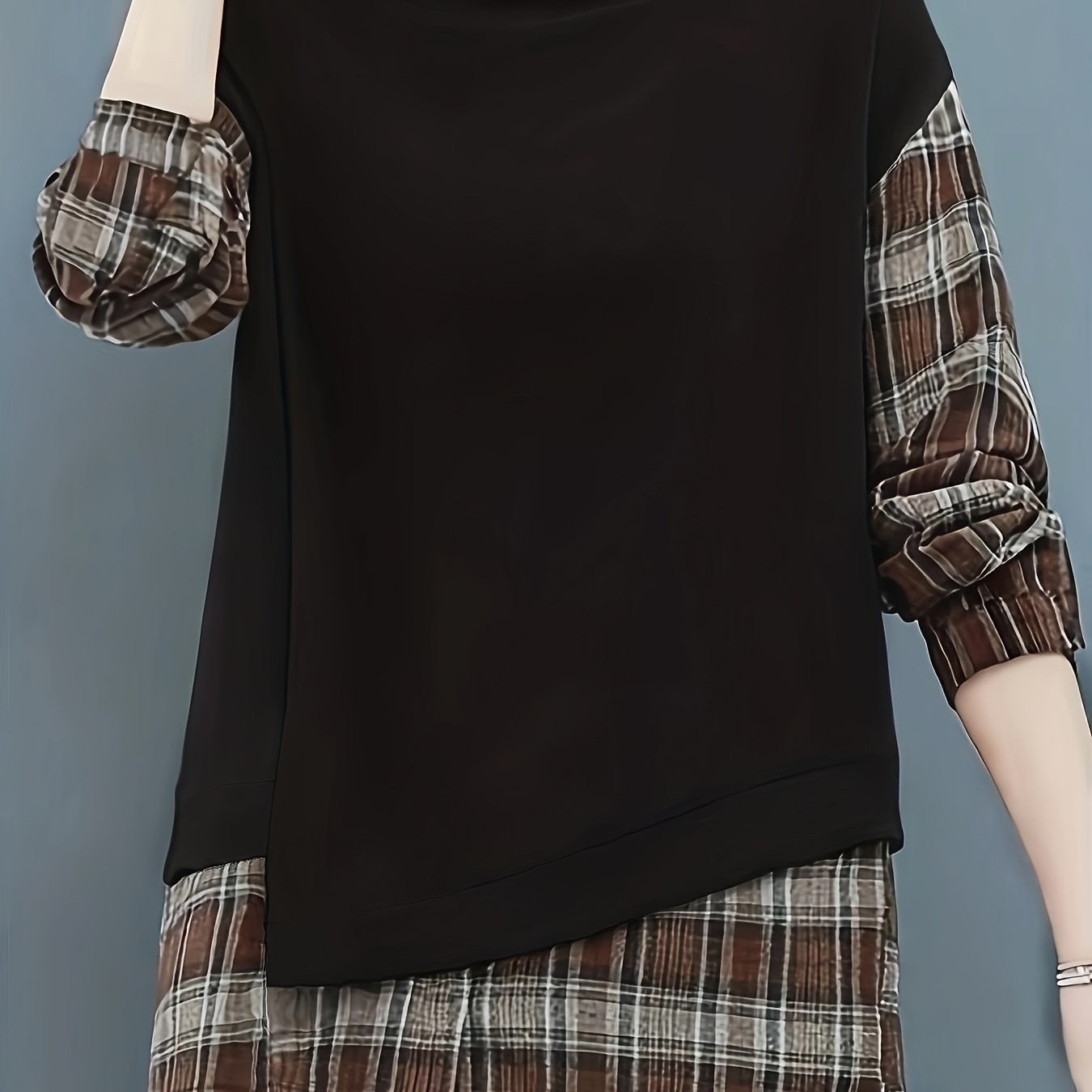 gbolsos Long Sleeve Plaid Pullover, Crew Neck Casual Top For Spring & Fall, Women's Clothing