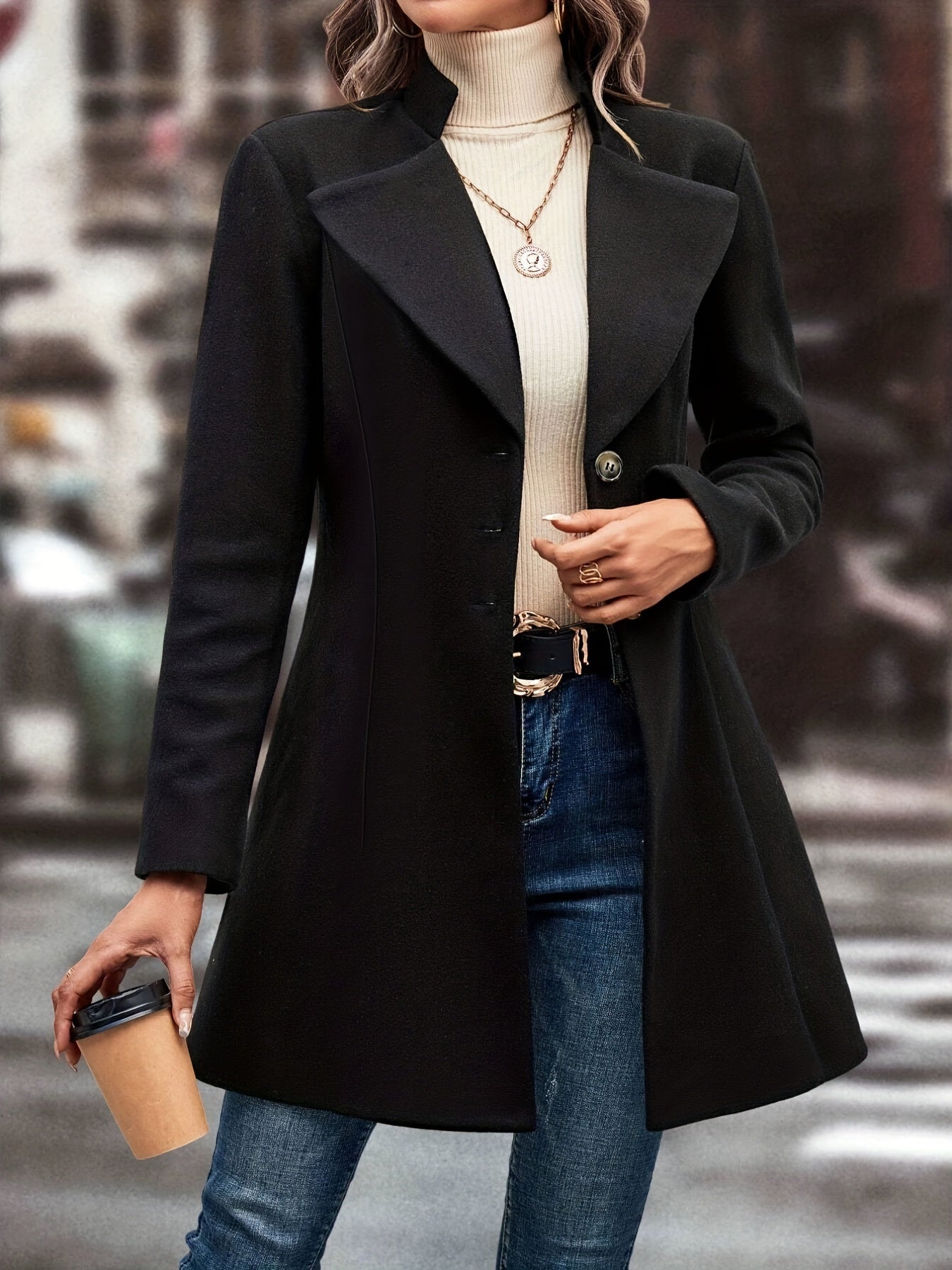 Solid Single Button Lapel Overcoat, Versatile Long Sleeve Winter Outwear, Women's Clothing