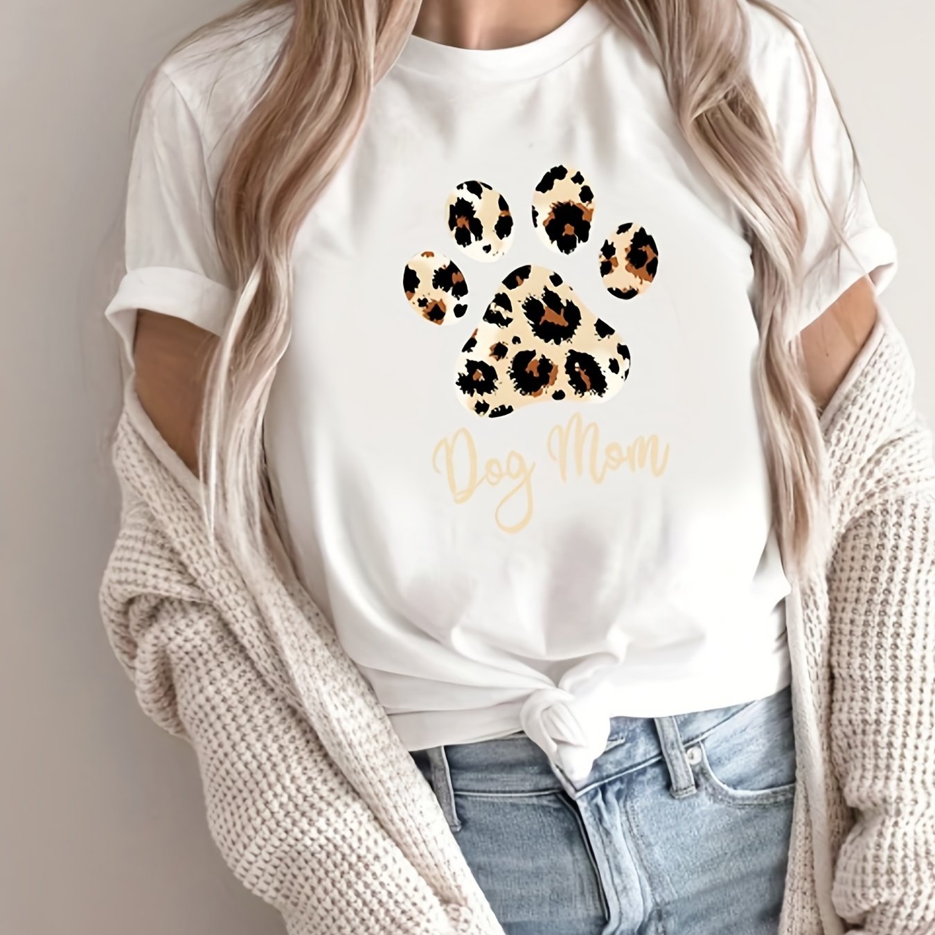 gbolsos Women Funny Leopard Print Dog Mama Graphic Tee, Summer Casual Crew Neck T-shirt, Women's Clothing