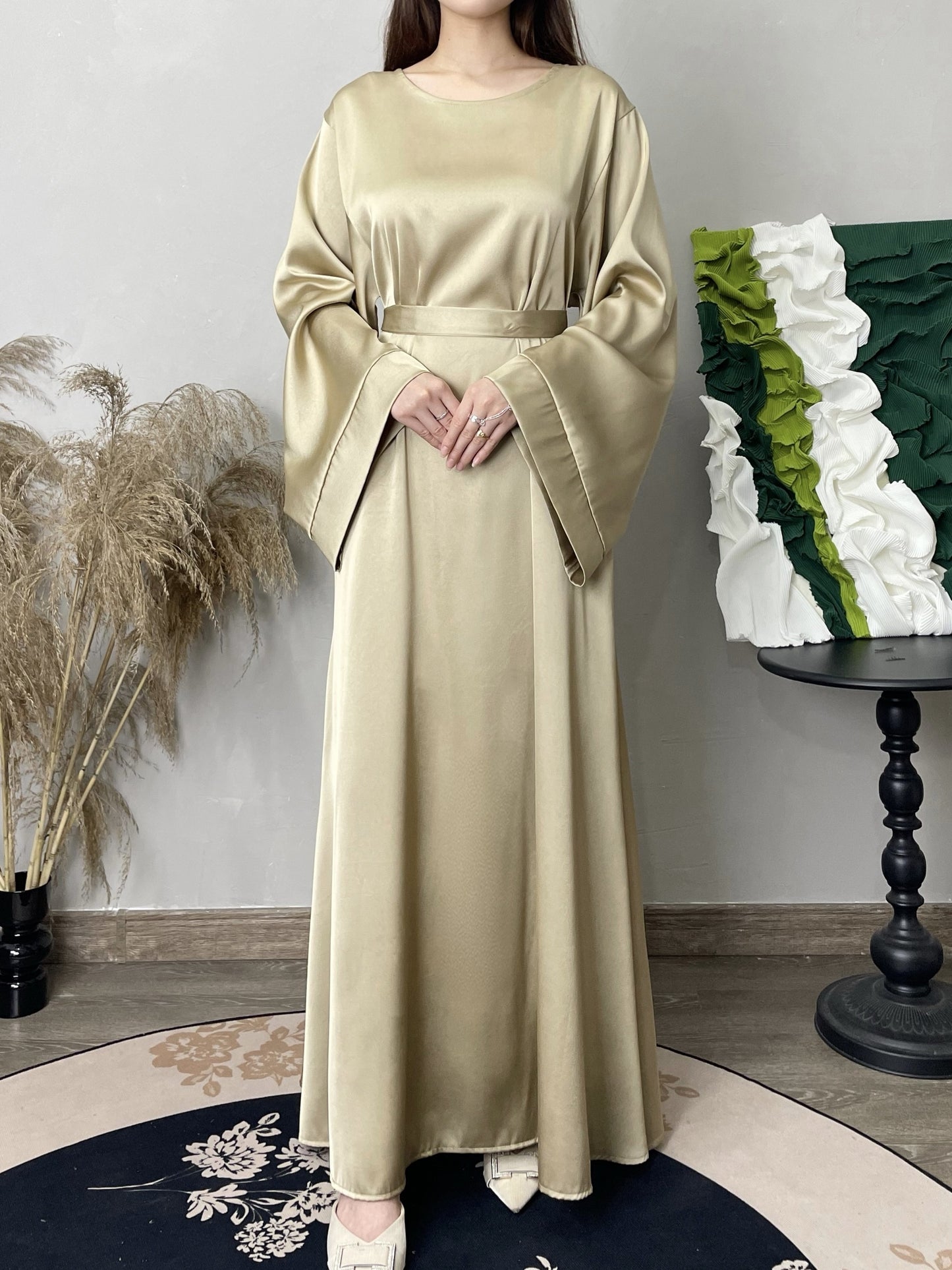 Solid Maxi Kaftan Abaya, Modest Crew Neck Long Sleeve Abaya, Women's Clothing