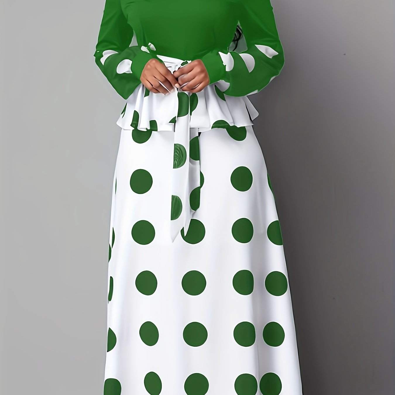gbolsos Color Block Polka Dot V Neck Long Sleeve Dress, Elegant High Tie Waist Flared Maxi Dress, Women's Clothing