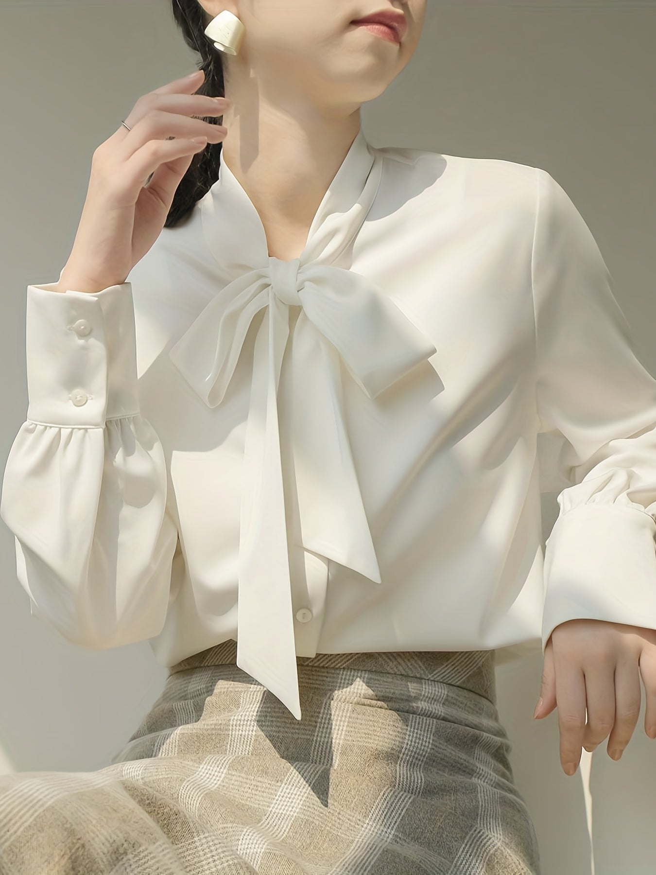 Tie Neck Solid Blouse, Casual Long Sleeve Work Office Blouse, Women's Clothing