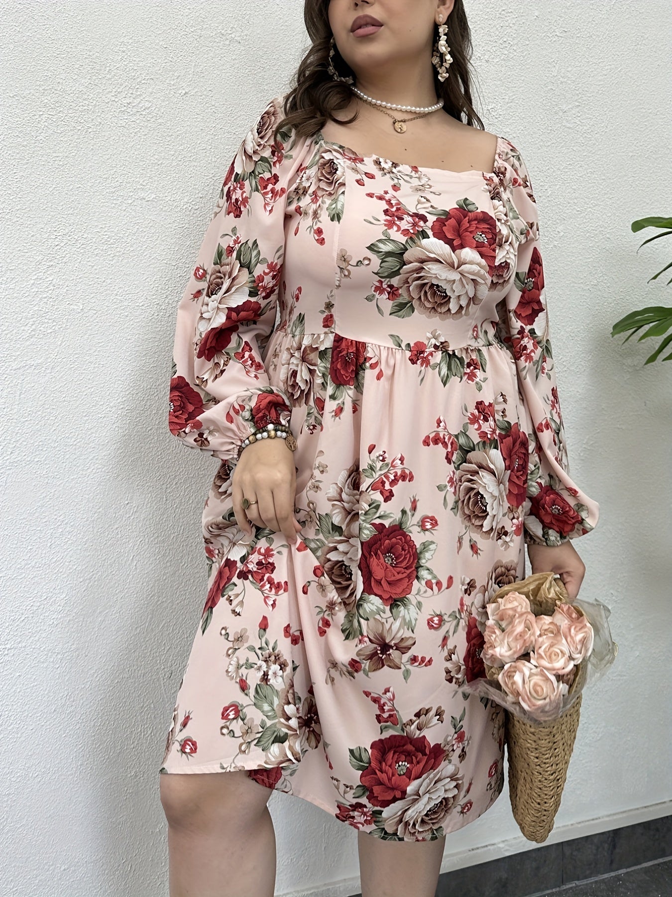 gbolsos Plus Size Elegant Dress, Women's Plus Shirred Ditsy Floral Print Lantern Sleeve Square Neck Nipped Waist Dress