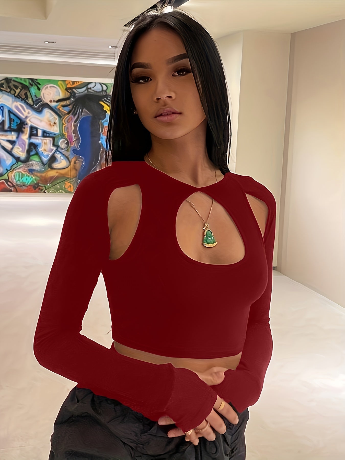 kkboxly Sexy Cut Out Crop T-Shirt, Long Sleeve Loose Casual Top, Women's Clothing