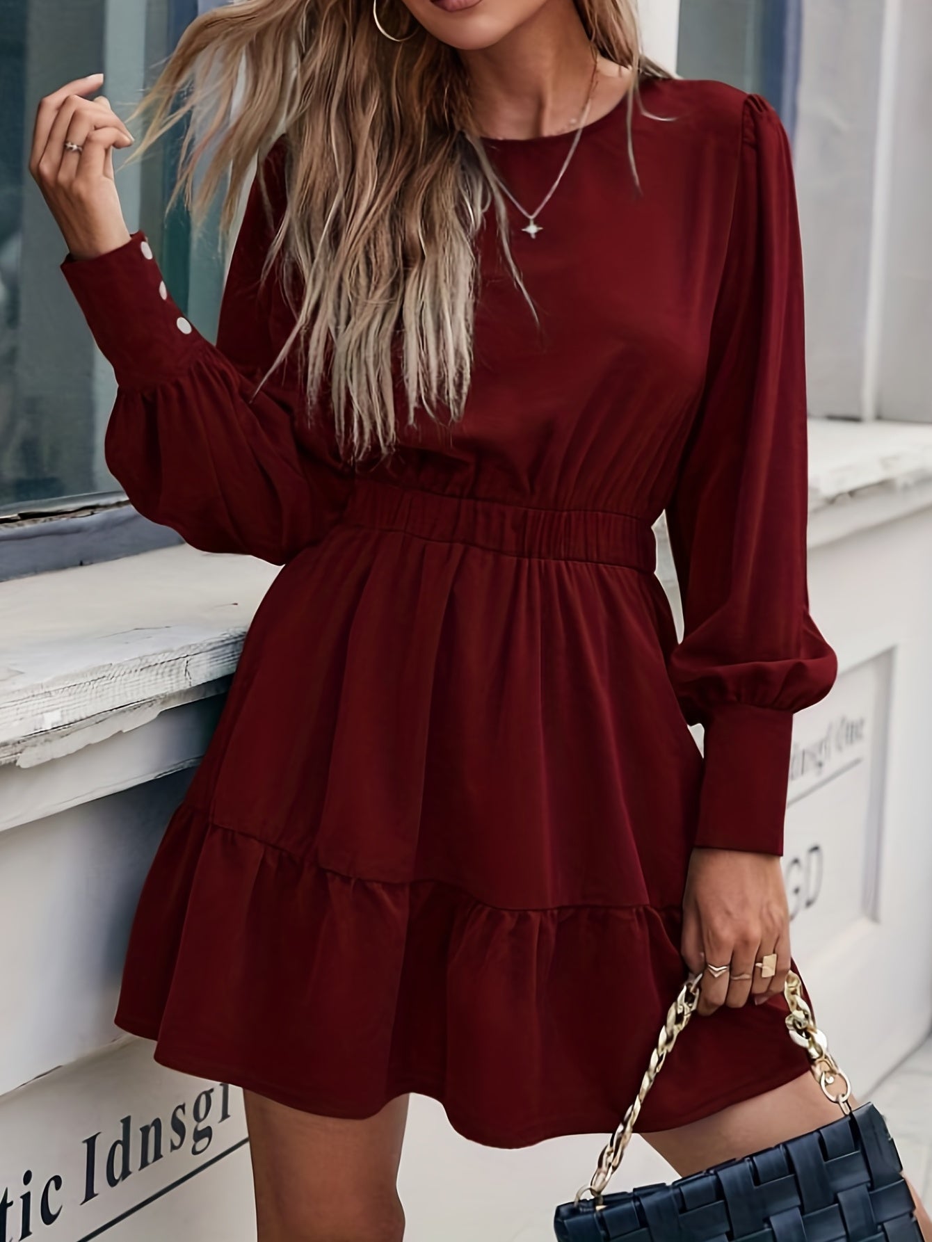 gbolsos Ruffle Hem Solid Dress, Elegant Keyhole Crew Neck Long Sleeve Dress, Women's Clothing