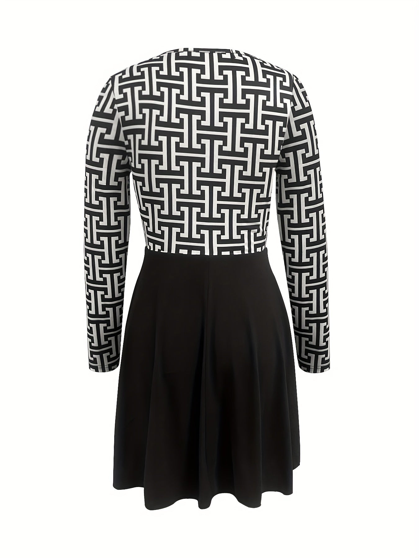 gbolsos Abstract Print Splicing Dress, Elegant Surplice Neck Long Sleeve Dress, Women's Clothing