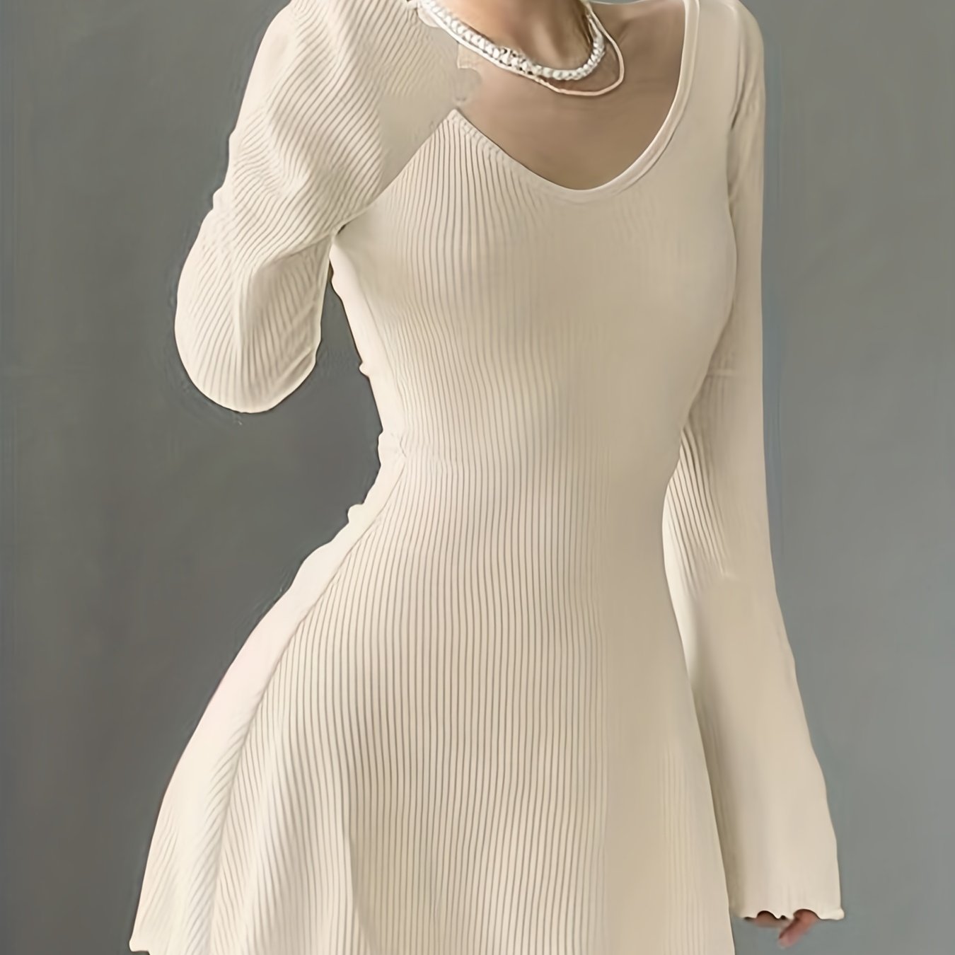 gbolsos Lettuce Trim Solid Dress, Elegant Crew Neck Long Sleeve Dress, Women's Clothing