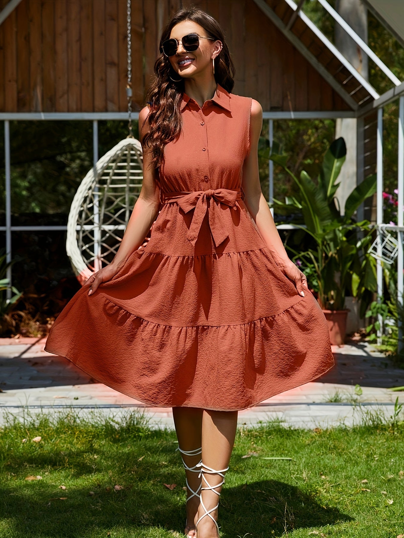 gbolsos Shirt Collar Belted Tiered Dress, Sleeveless Summer Vacation Casual Dress, Women's Clothing