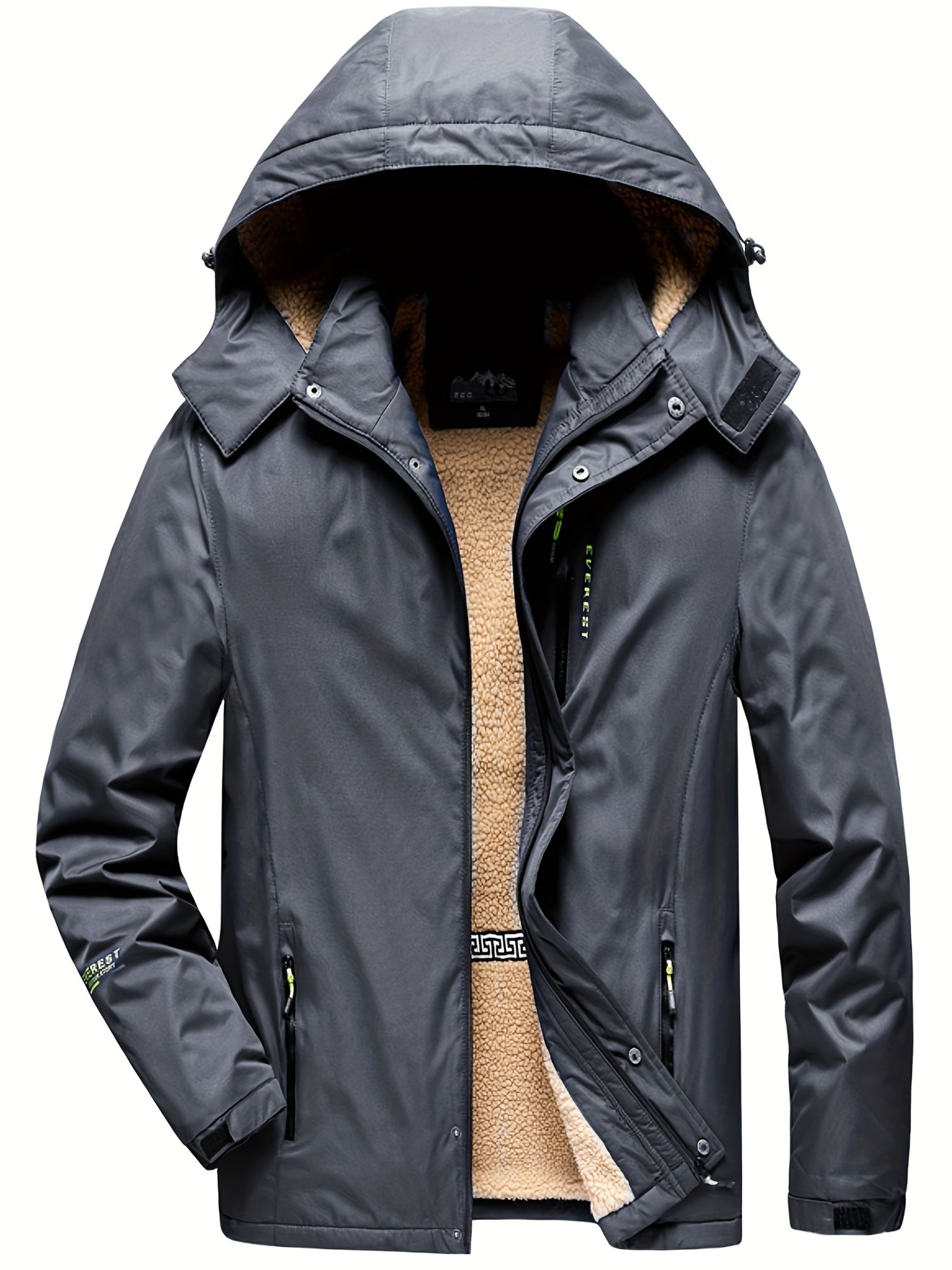 gbolsos Men's Trendy Fleece Hooded Jacket, Active Stand Collar Zip Up Hooded Coat For Fall Winter Outdoor