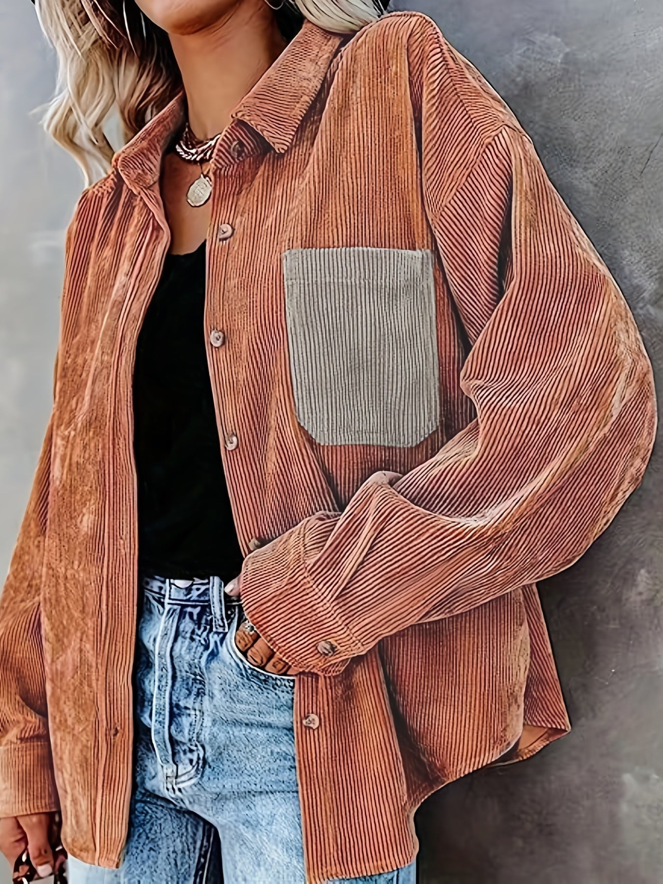 gbolsos Button Front Solid Shirt, Vintage Long Sleeve Collar Shirt, Women's Clothing