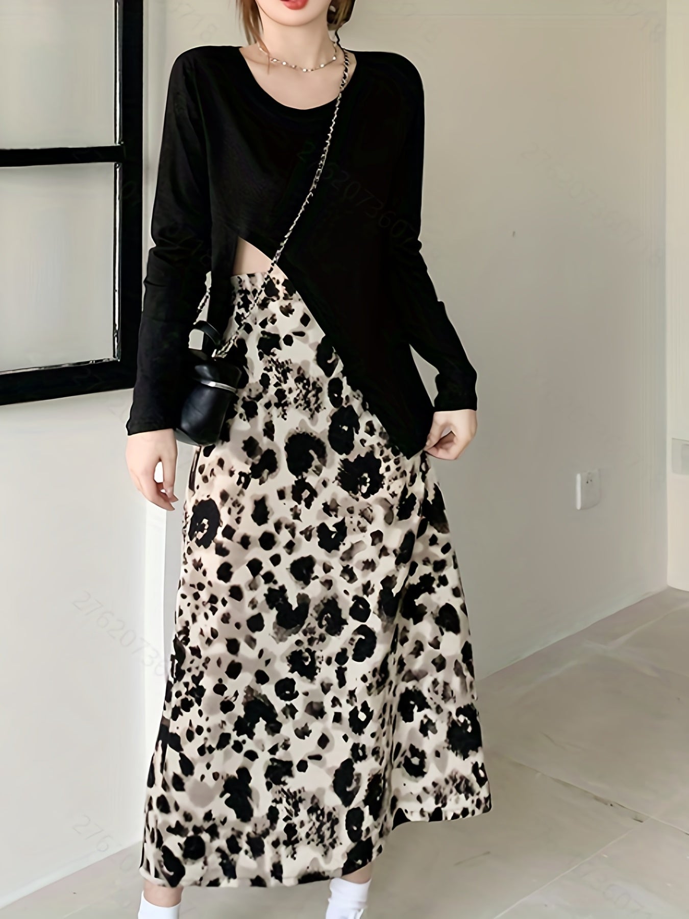 gbolsos Leopard Print Split Mid Skirt, Casual High Waist Skirt For Spring & Summer, Women's Clothing