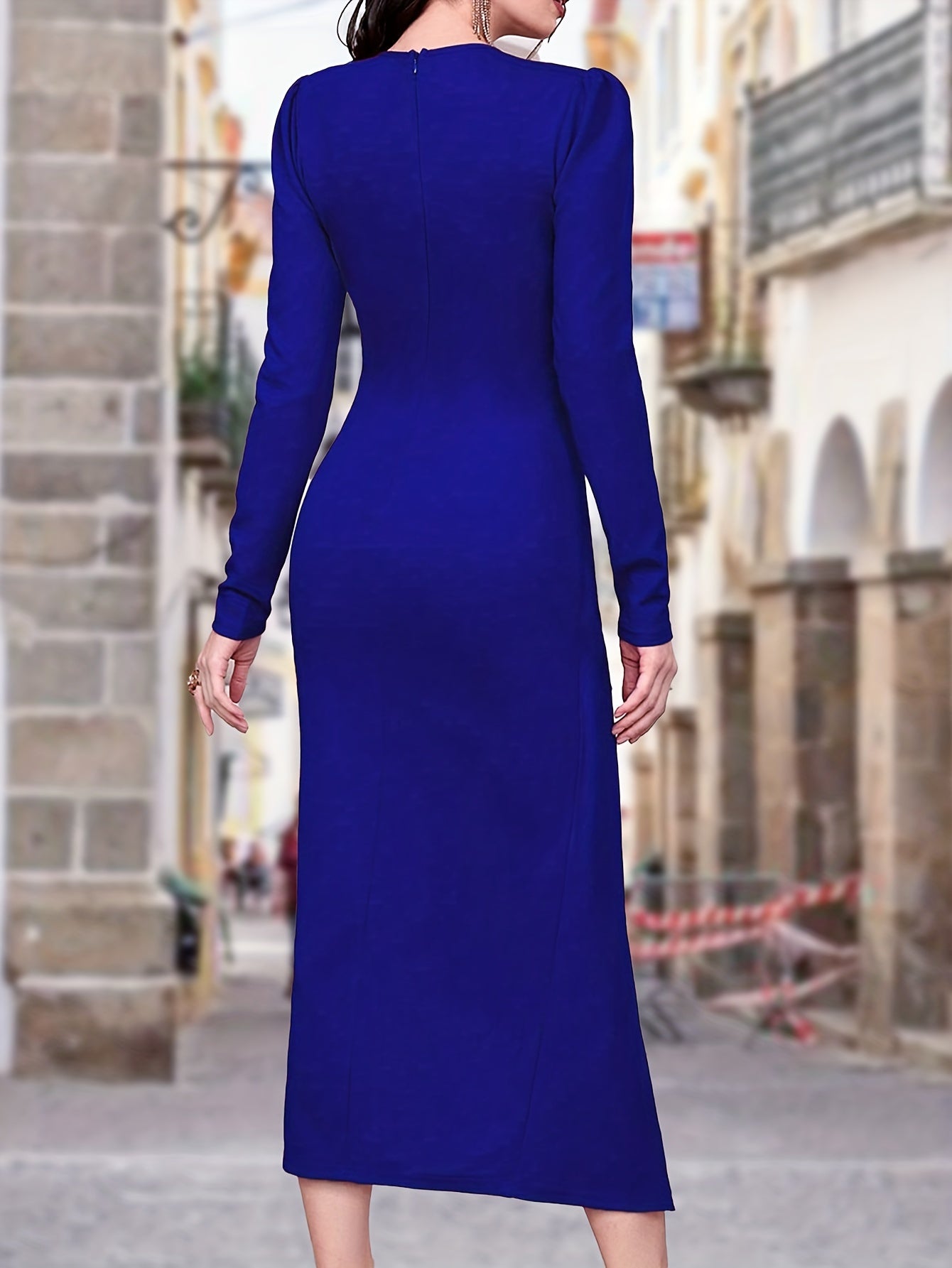 gbolsos Solid Surplice Neck Wrap Dress, Elegant Long Sleeve Twist Front Dress For Spring & Fall, Women's Clothing