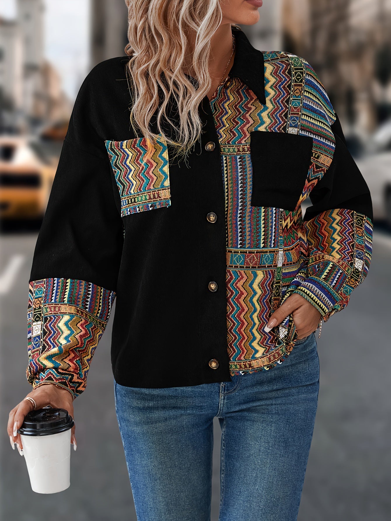 Patchwork Print Patched Pockets Jacket, Ethnic Color Block Single Button Jacket, Women's Clothing