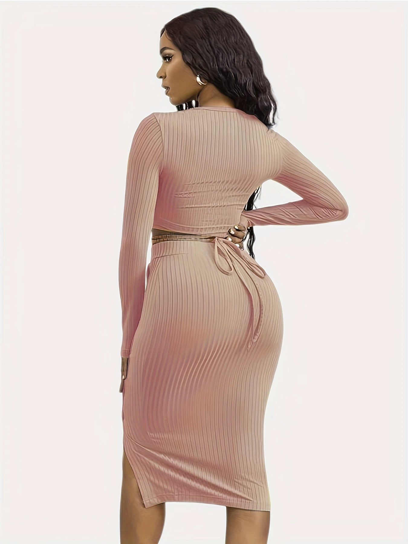 gbolsos Solid Casual Two-piece Set, Tie Back Cropped Tops & Bag Hip Split Skirts Outfits, Women's Clothing