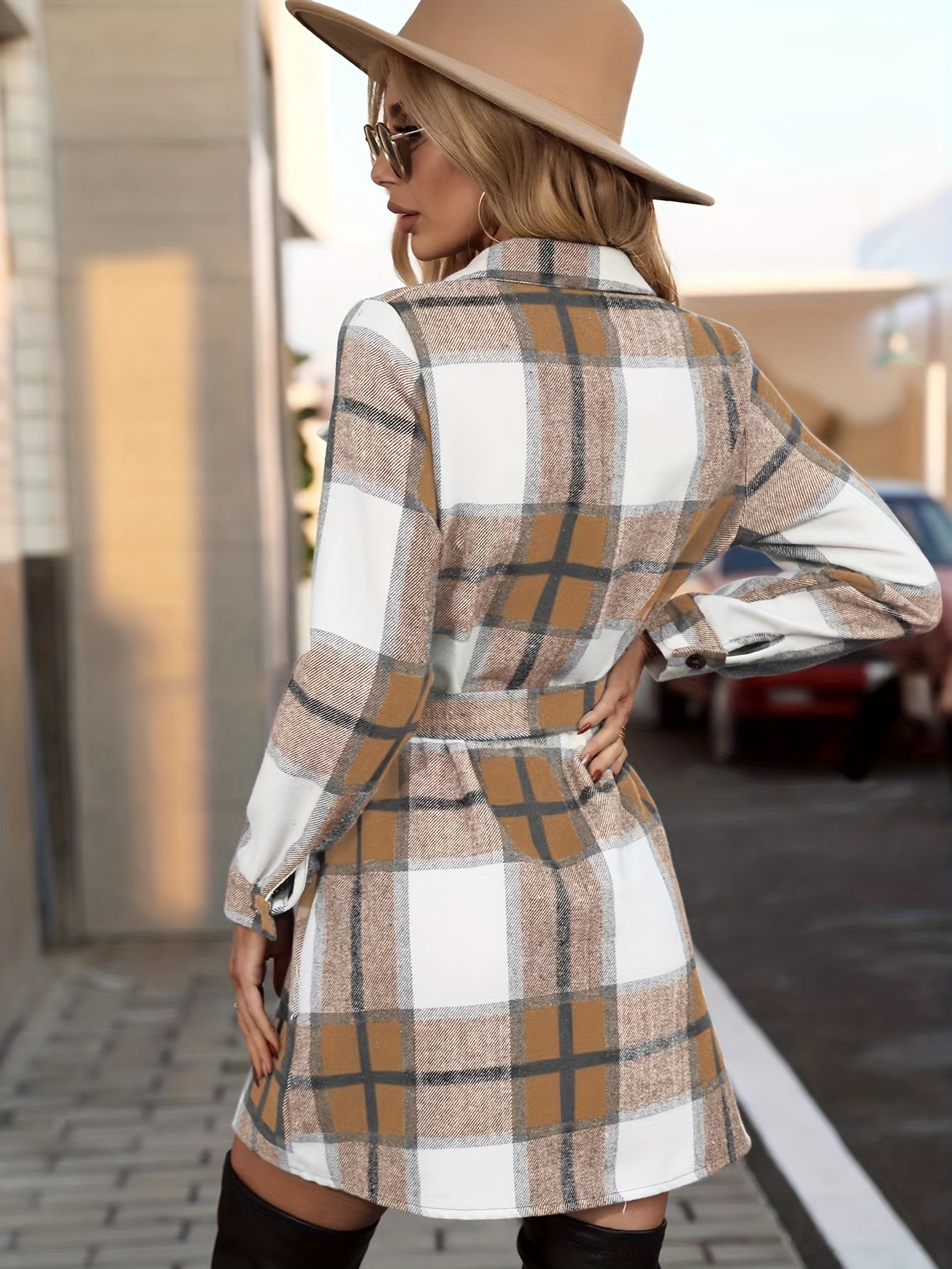 gbolsos Plaid Print Shirt Dress, Elegant Button Front Long Sleeve Dress, Women's Clothing