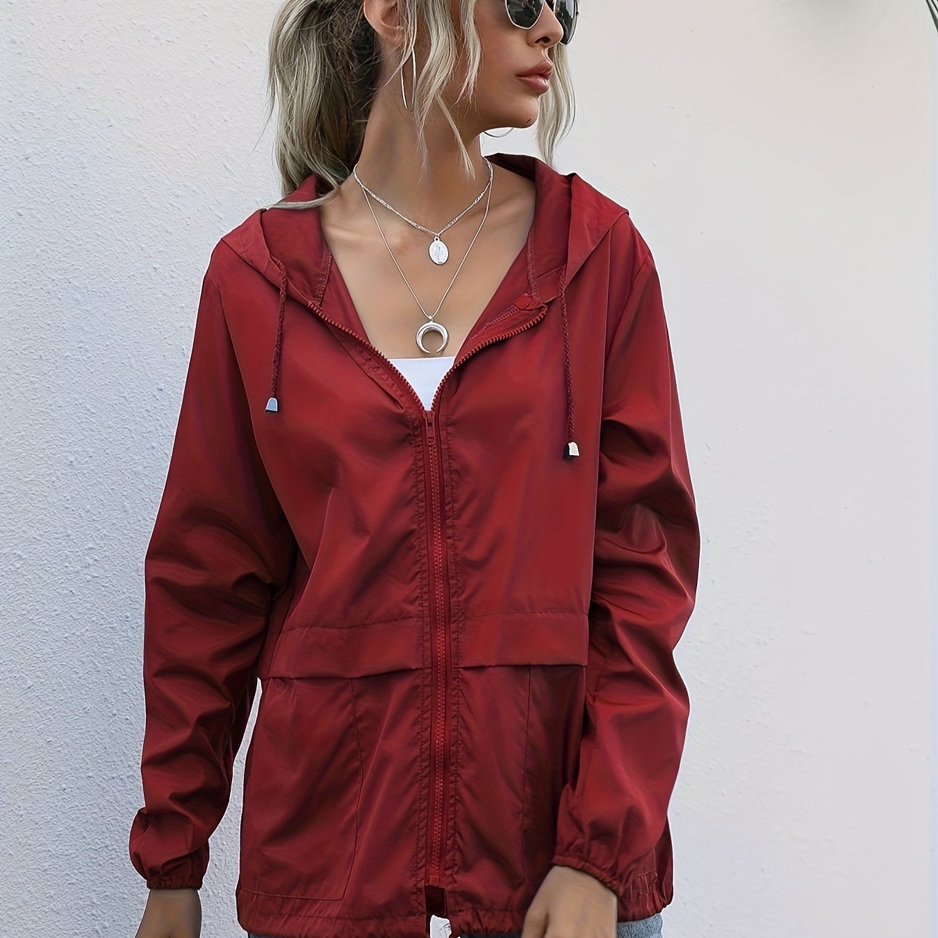 gbolsos Zip Up Drawstring Raincoat, Casual Solid Hooded Long Sleeve Outerwear, Women's Clothing