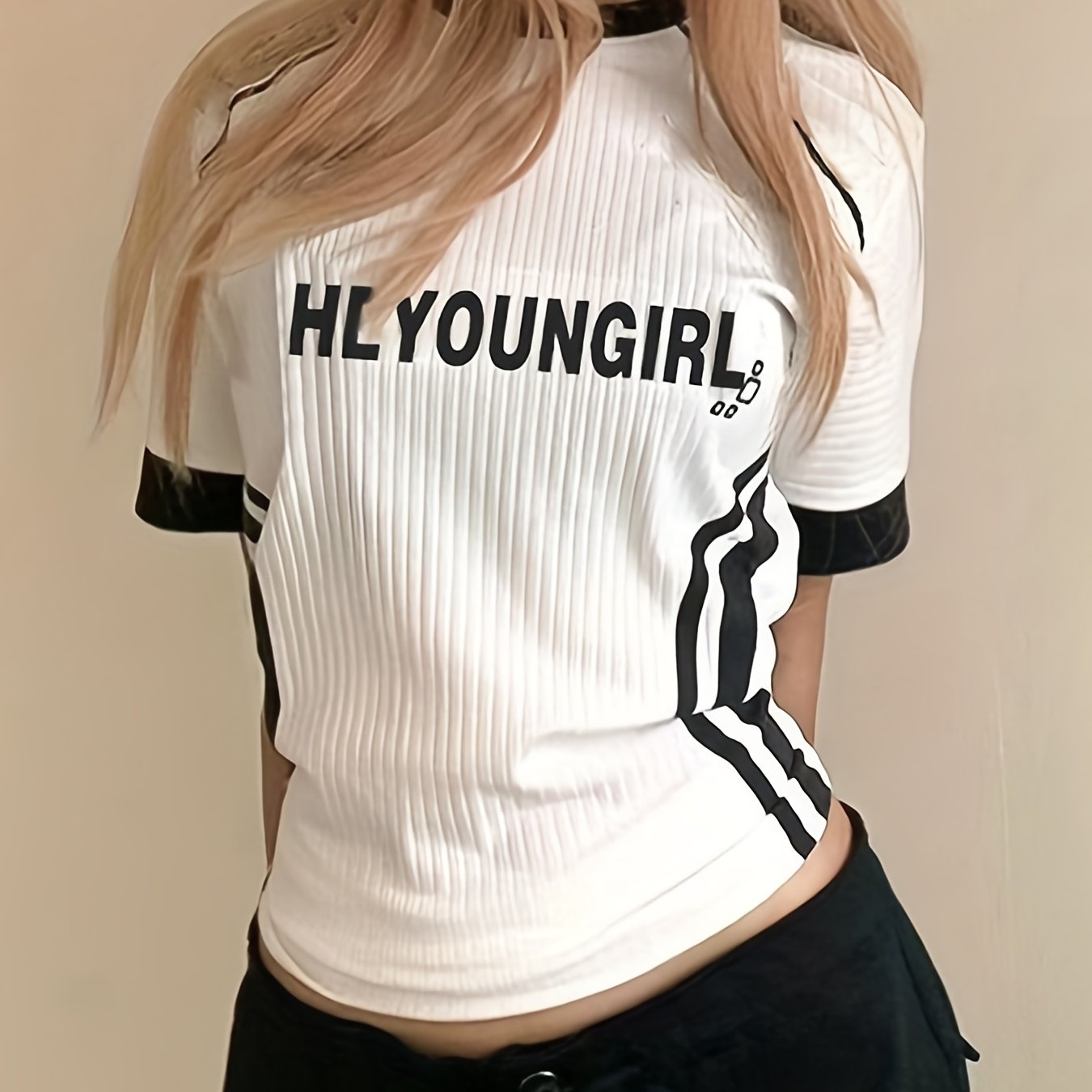 gbolsos Street Letter Printing Casual T-shirt, Fashion Contrast Color Striped Short Sleeves, Women's Summer Tops