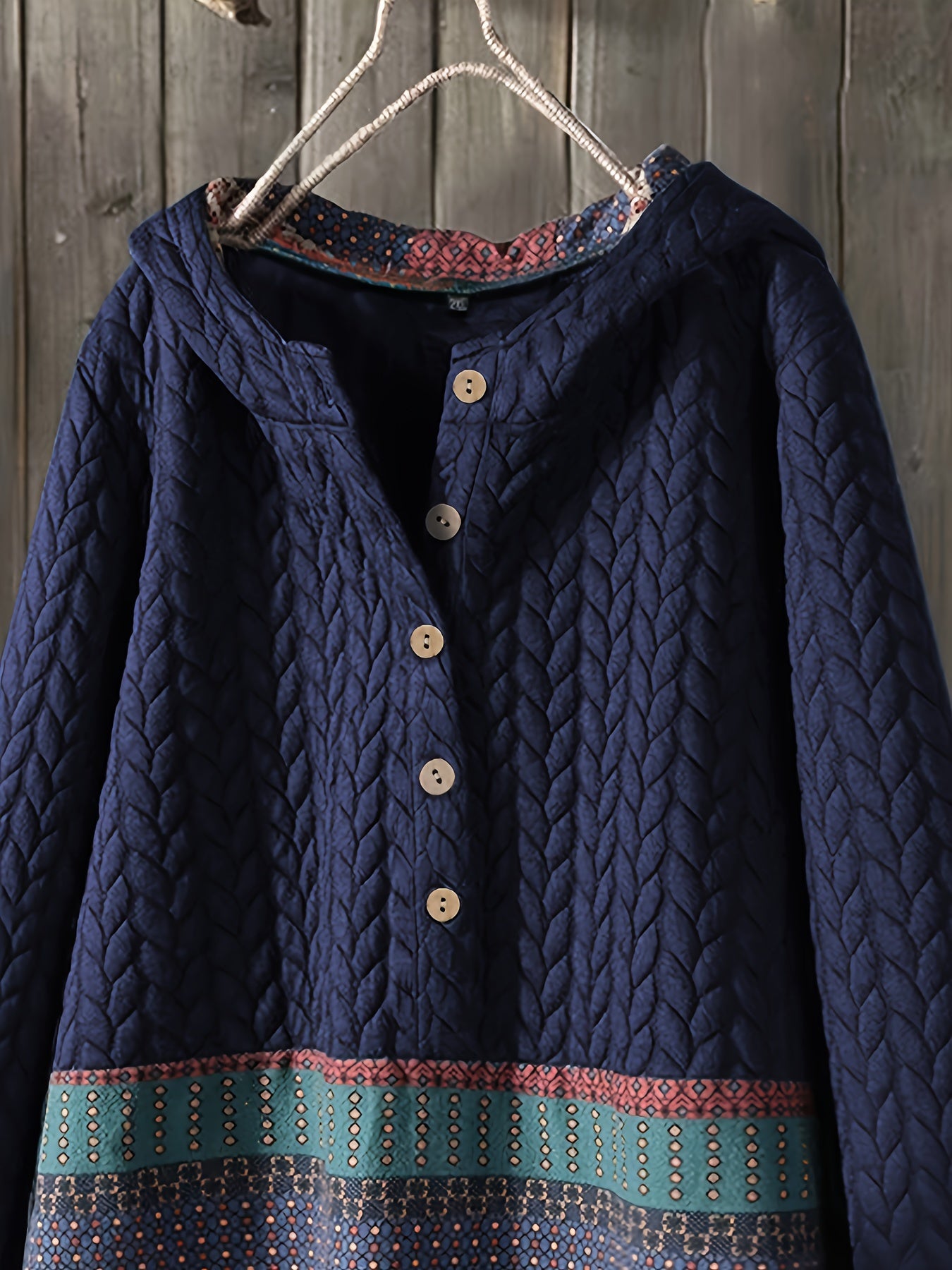 gbolsos Tribal Print Long Sleeve Hooded Padded Jacket, Casual Button Front Loose Hem Outerwear, Women's Clothing