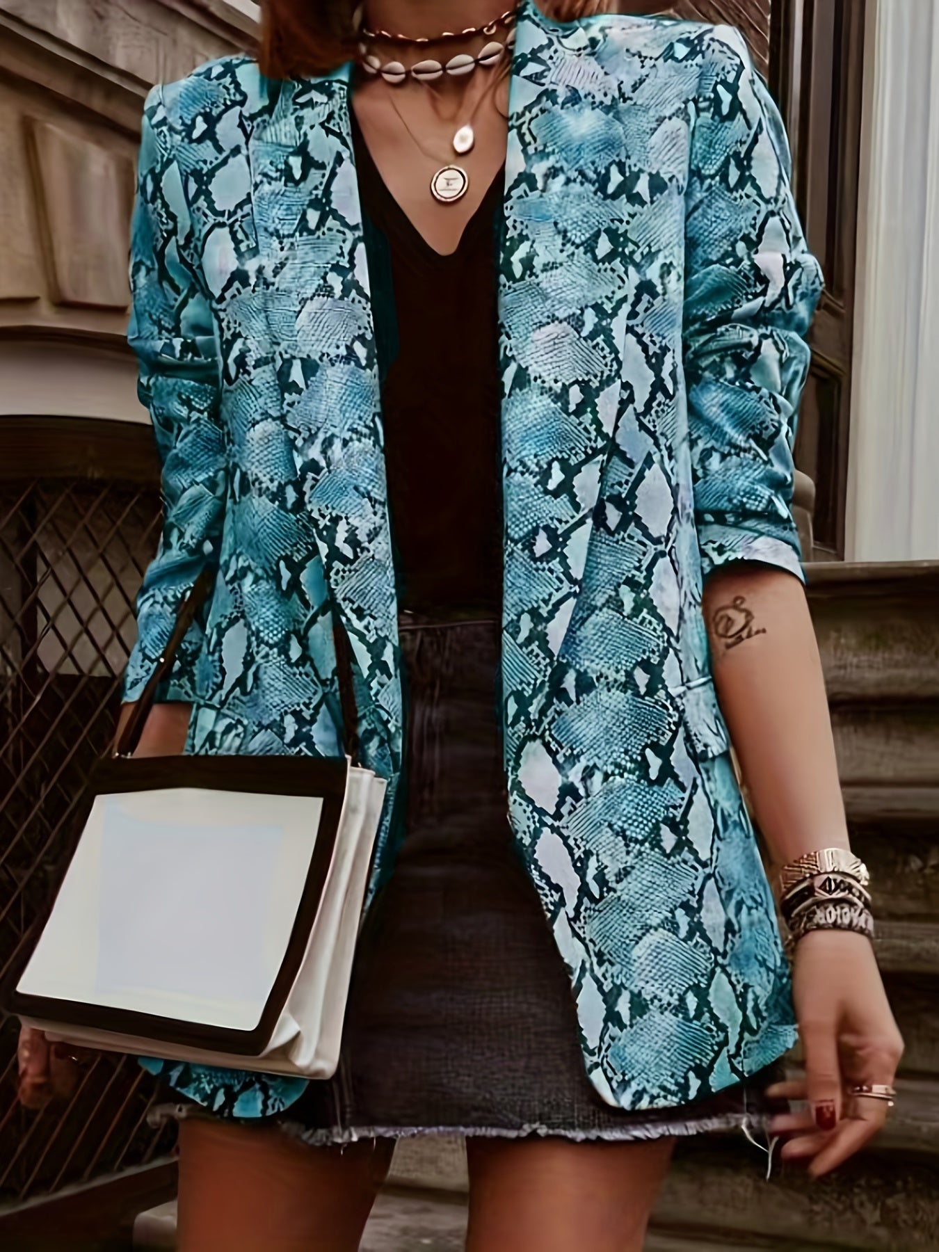 Plus Size Casual Blazer, Women's Plus Snake Pattern Lapel Collar Open Front Long Sleeve Slim Fit Blazer
