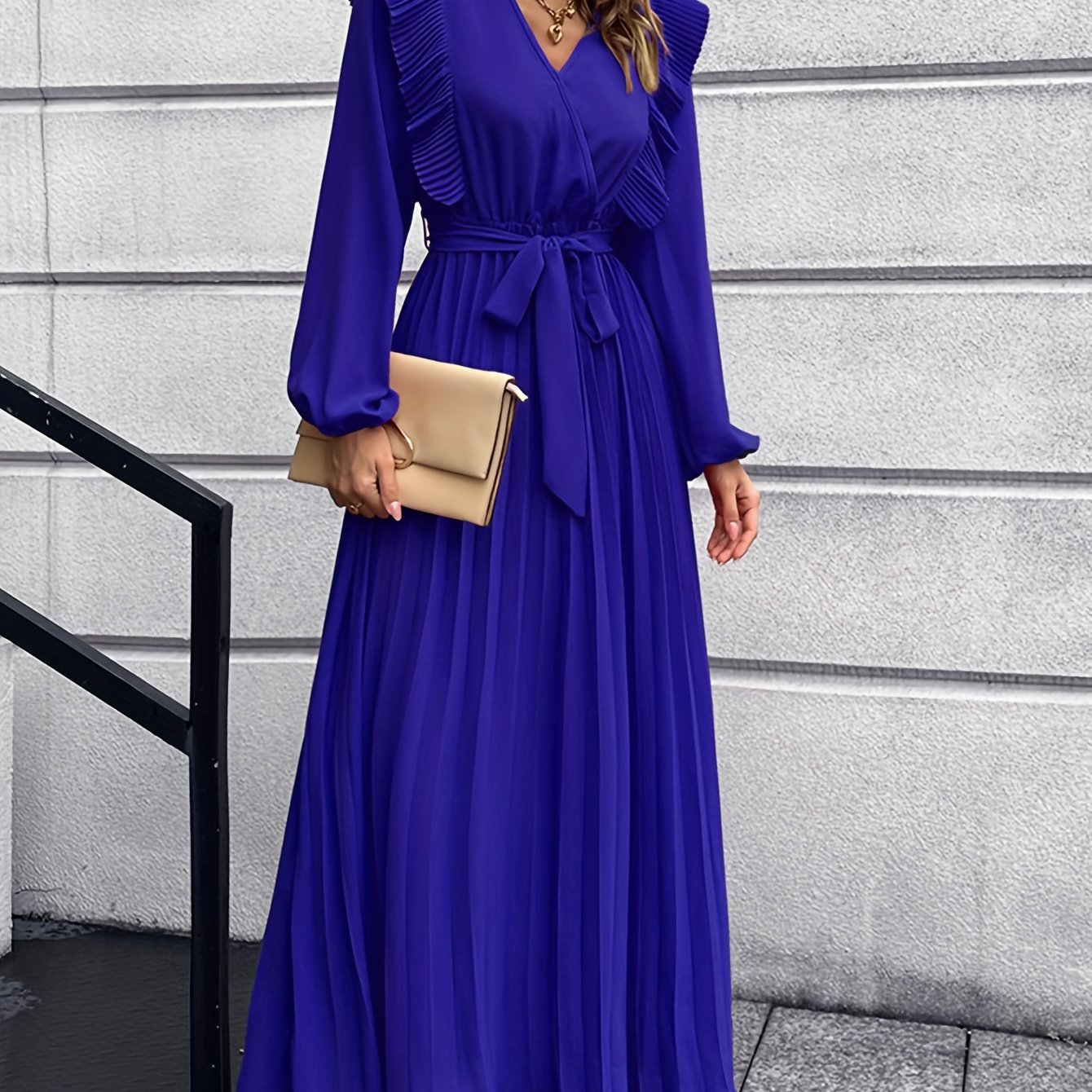 Ruffle Trim Pleated Dress, Casual V Neck Long Sleeve Solid Dress, Women's Clothing