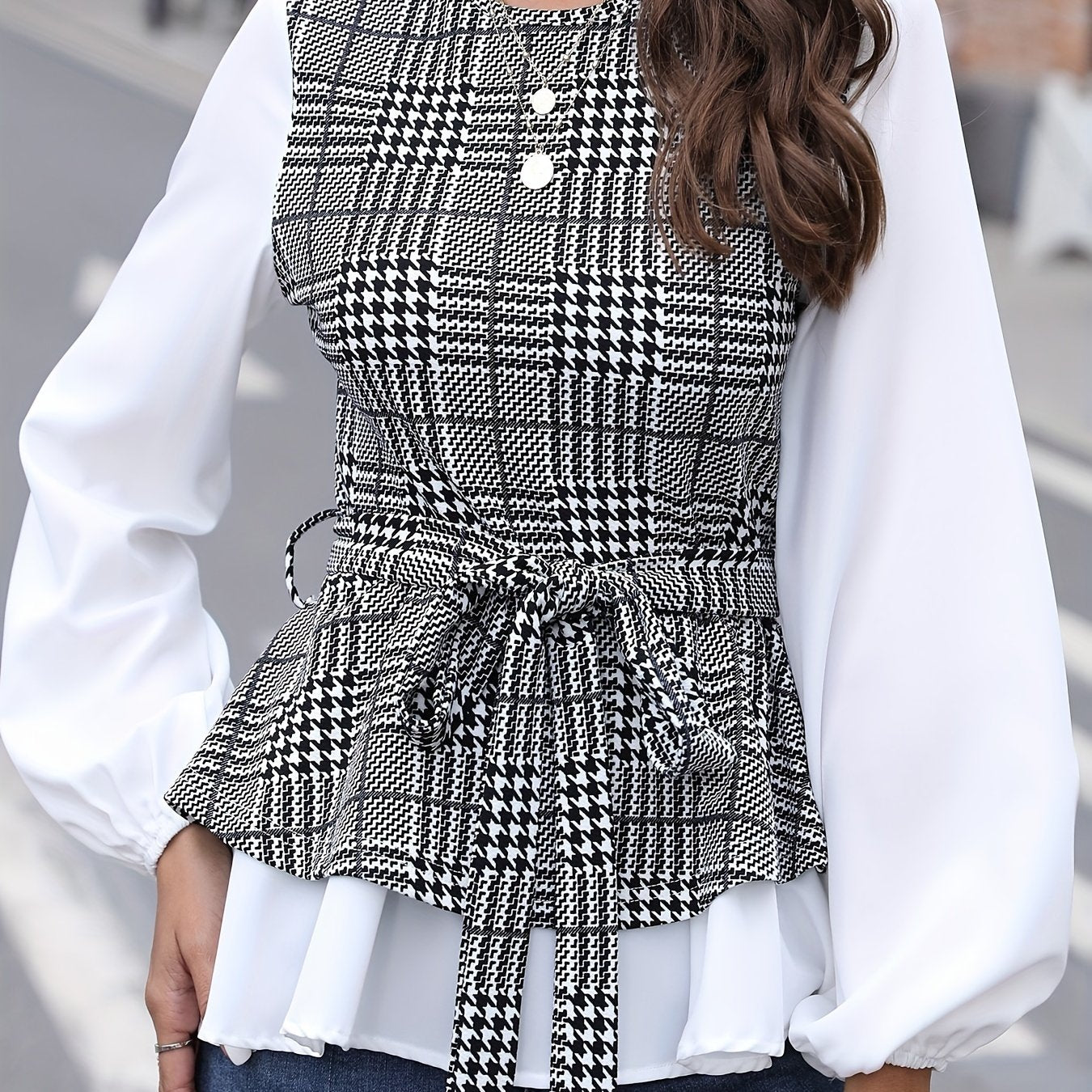 gbolsos Plaid Pattern Splicing Belted Blouse, Versatile Lantern Sleeve Blouse For Spring & Fall, Women's Clothing