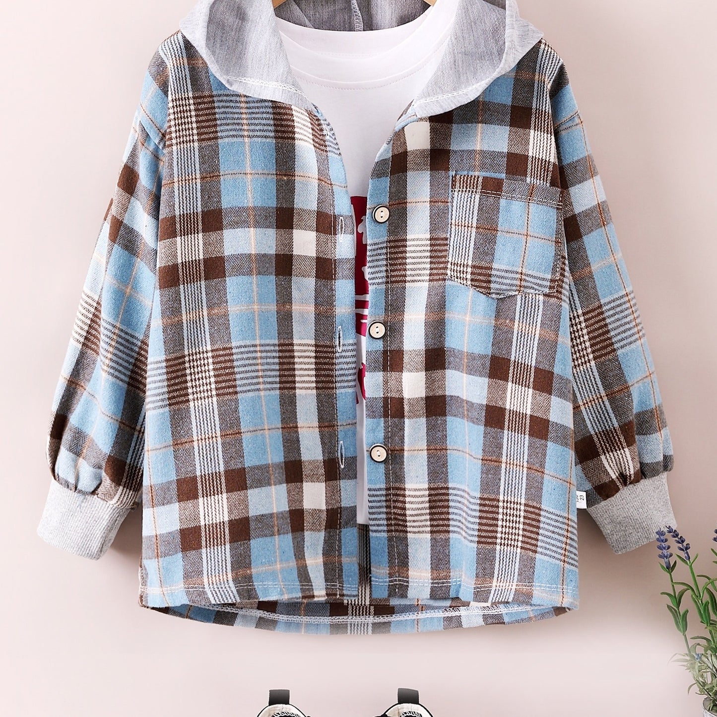 gbolsos Boys Fashion Plaid Hooded Jacket, Long Sleeve Button Down Hooded Jacket, Kids Clothing