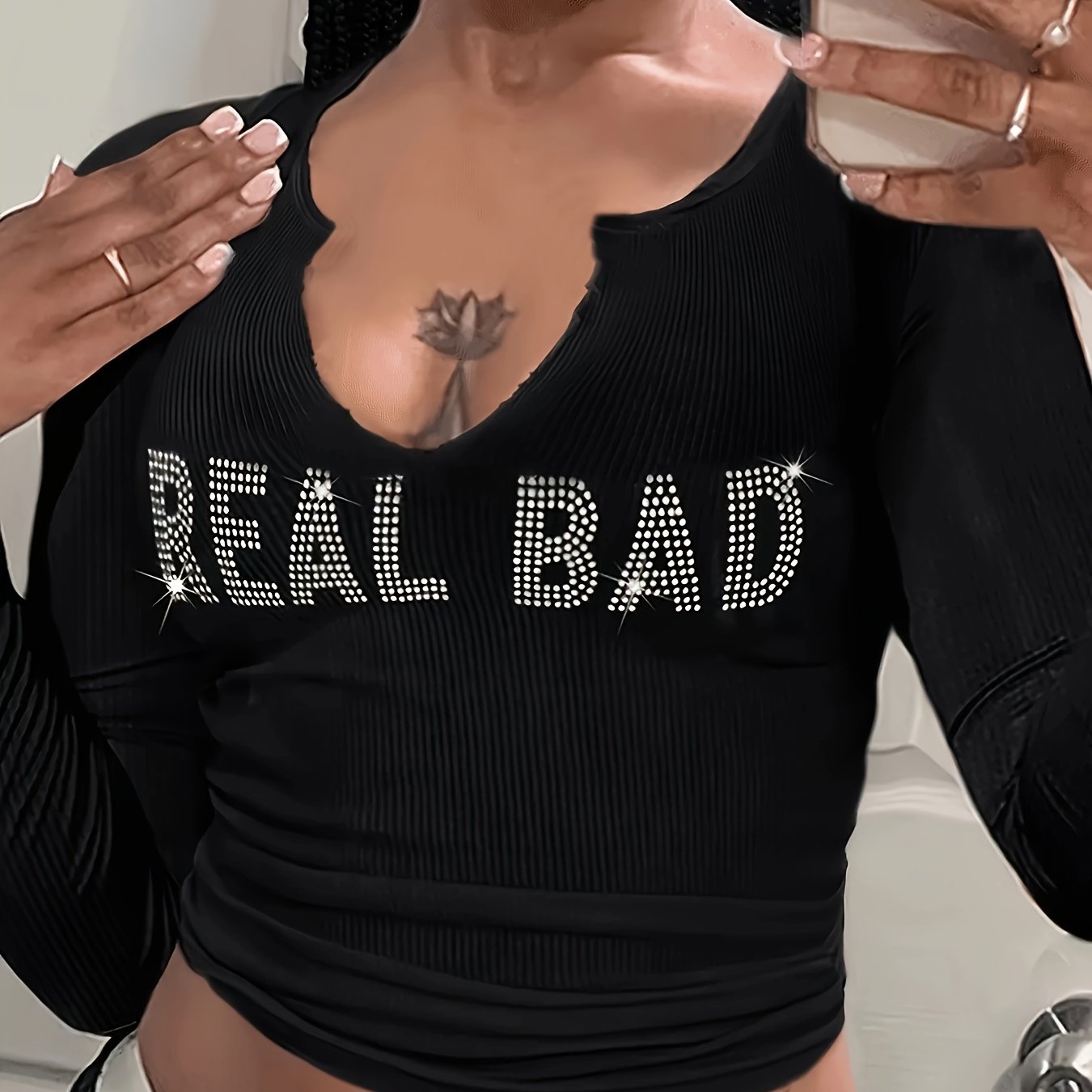 gbolsos Letter Rhinestone Notched Neck Knitted Top, Casual Long Sleeve Crop Slim Sweater, Women's Clothing