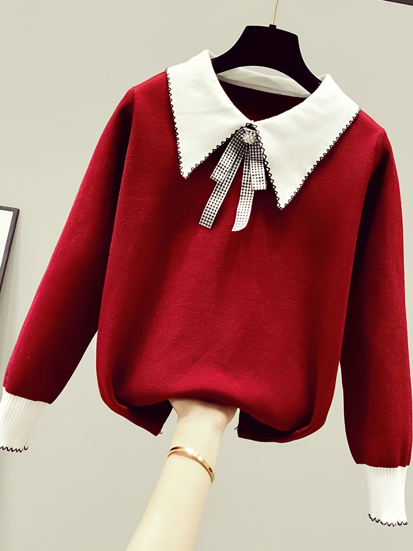 gbolsos Long Sleeve Shirt Collar Sweater, Spring & Fall Elegant Casual Warm Sweater, Women's Clothing