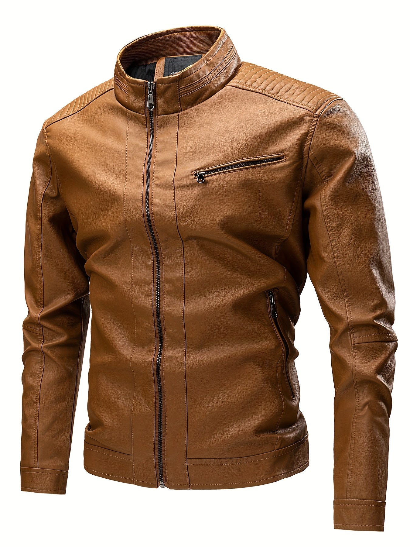 gbolsos Vintage PU Leather Jacket, Men's Casual Zip Up Stand Collar Faux Leather Jacket For Spring Fall Outdoor