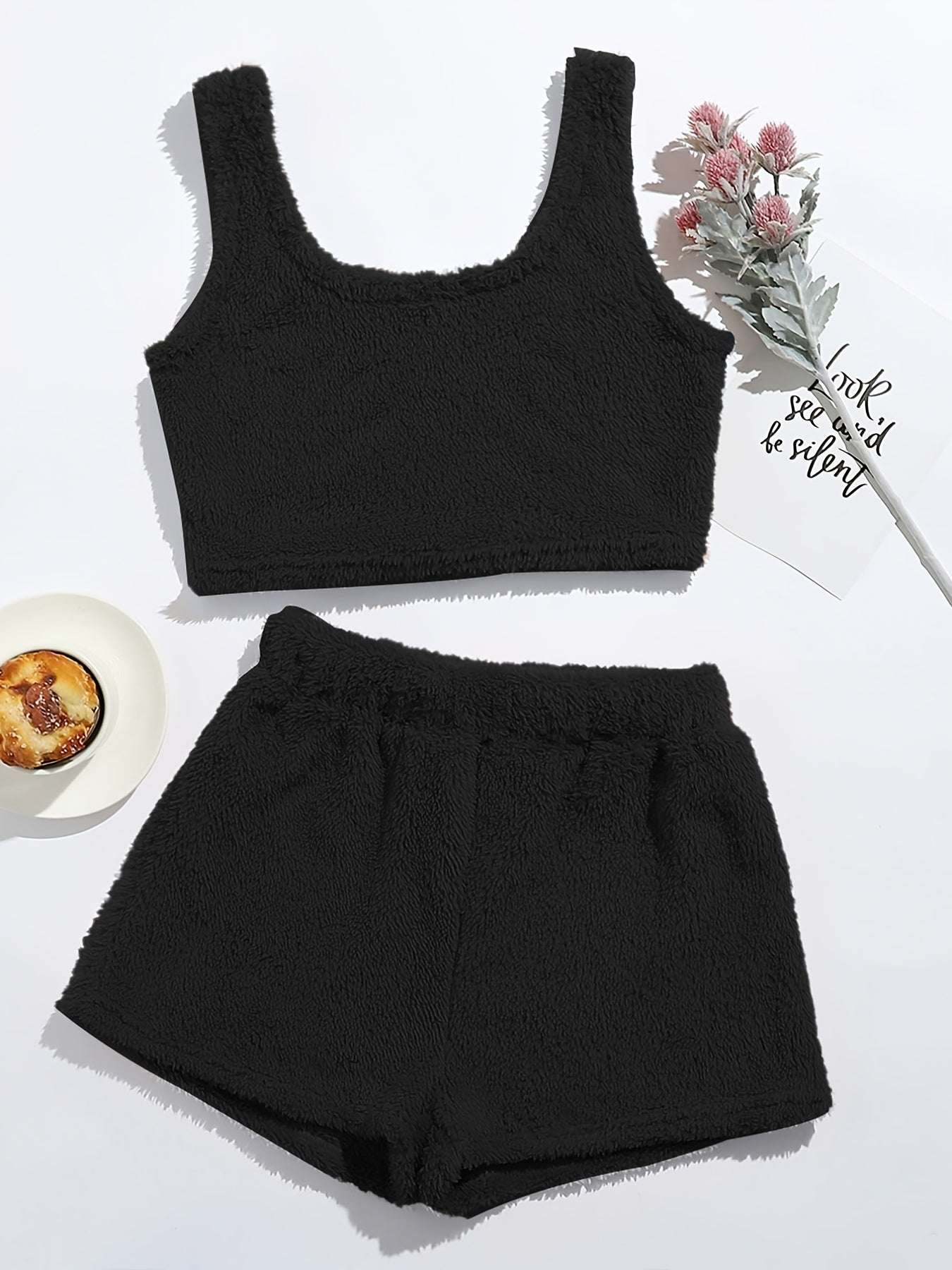 Fluffy Comfortable Pajamas Set, Crop Tank Sleeveless Top & Comfortable Shorts Loungewear Set For Valentine's Gifts, Women's Loungewear & Sleepwear