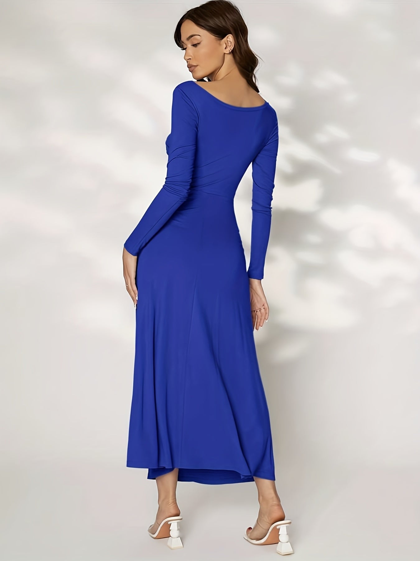 gbolsos Ruched Solid Dress, Casual Long Sleeve Bodycon Maxi Dress, Women's Clothing