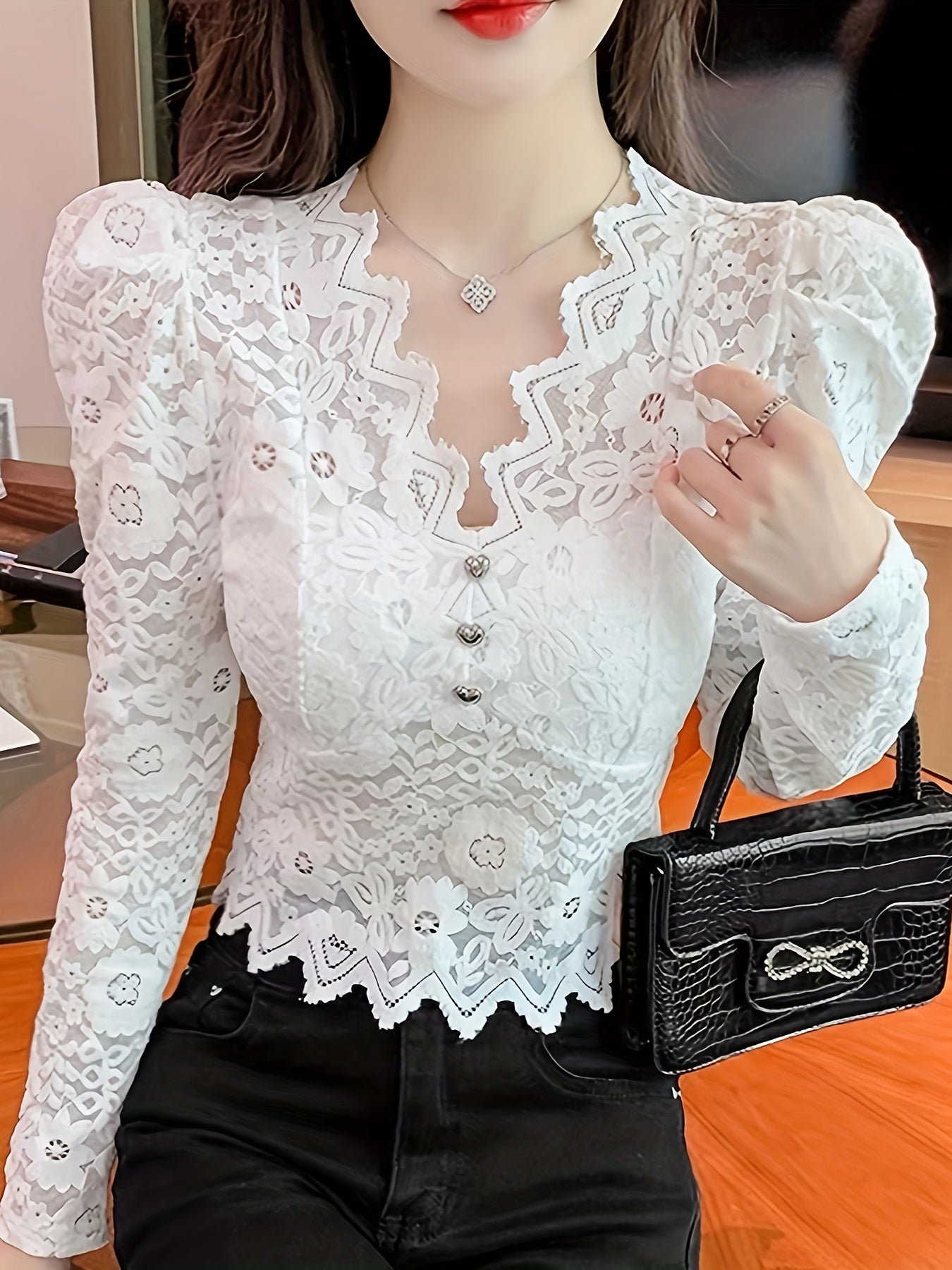gbolsos Floral Pattern Heart Button Decor Lace T-Shirt, Elegant V Neck Long Sleeve Top For Spring & Fall, Women's Clothing