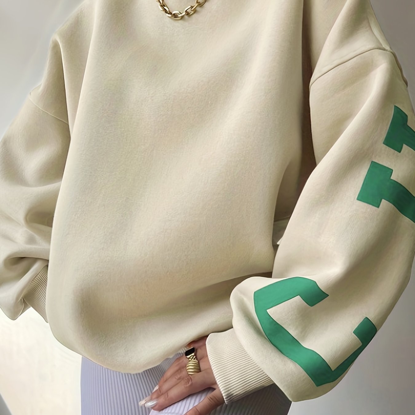 gbolsos Women Oversized Thermal Letter Graphic Print Sweatshirt Aesthetic Crew Neck Long Sleeve Drop Shoulder Pullover
