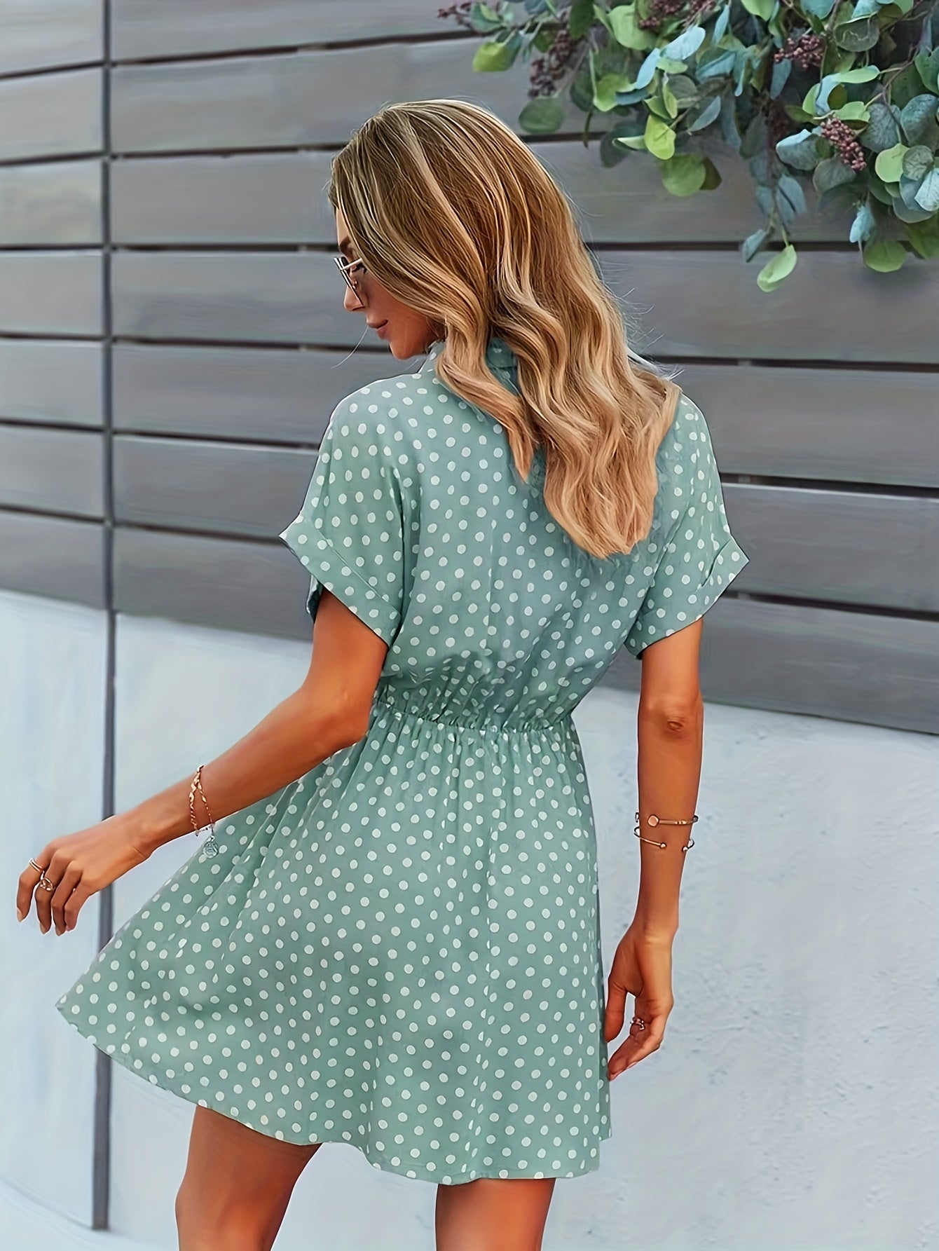 Polka-dot Button Front Dress, Vintage Tie Front Dress For Summer, Women's Clothing